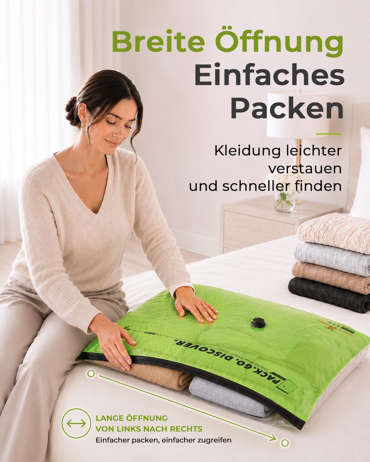 Vacbird 20 Stück Vakuumbeutel für Kleidung mit kabelloser Vakuumpumpe, 8 x 40x54cm, 8 x 47x64cm, 4 x 47x64x12cm, platzsparende Vakuumierbeutel für Kleidung – ideal für Reisen und Kofferorganisation