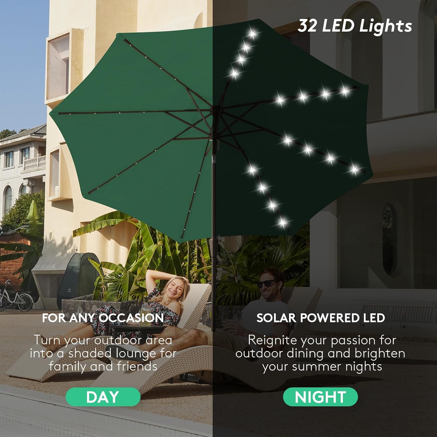 JEAREY Upgrade 9FT LED Lighted Patio Umbrella, Solar Outdoor Umbrella, Tilt Table Umbrella for Pool, Deck & Yard(Dark Green) 9FT Dark Green