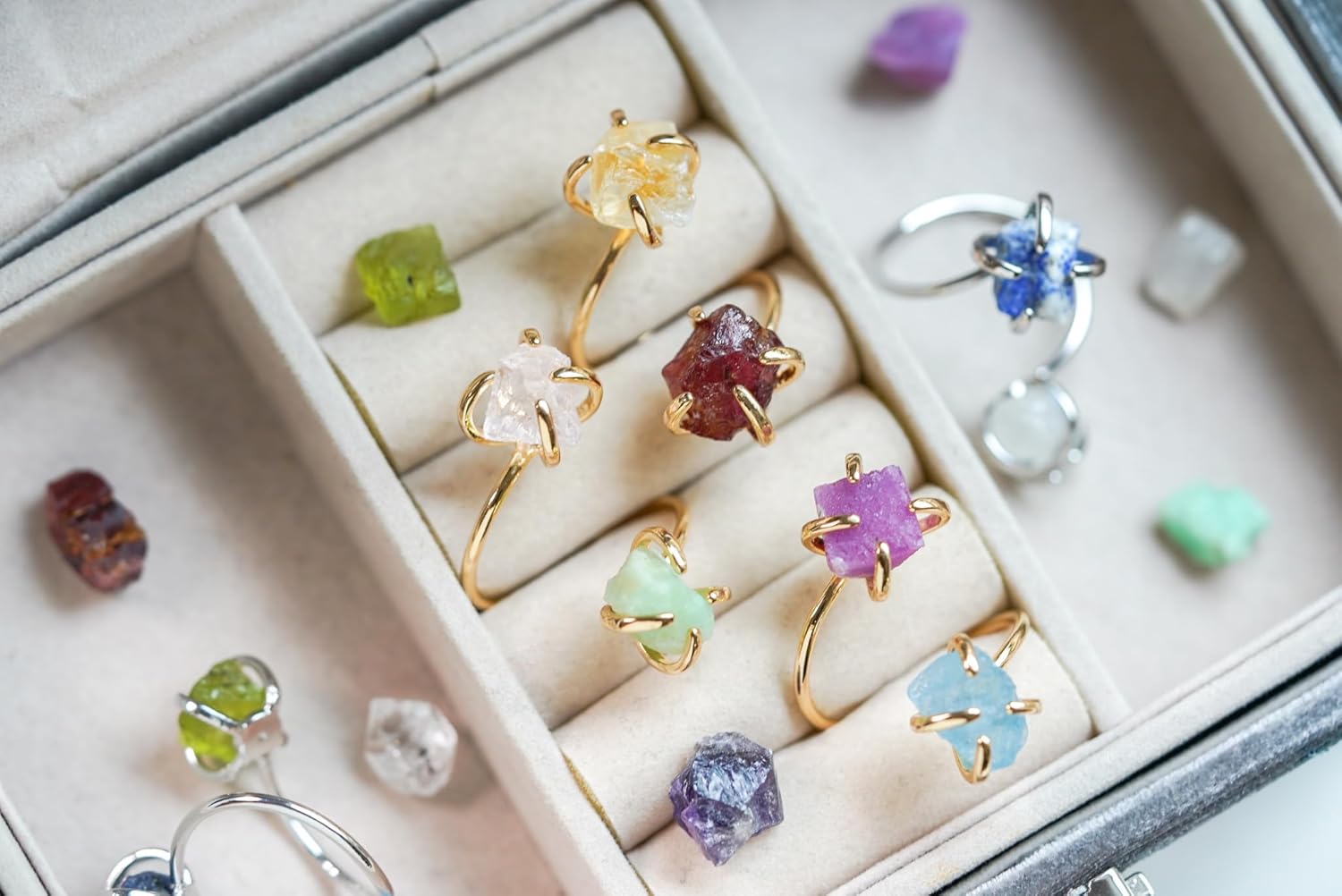 Personalized Gemstone Stacking Rings, Raw Gemstone Ring for Women, Unique Gifts for Her, Gold Plated Rings, Adjustable Statement Rings, Raw Crystal Rings, Customizable Rings