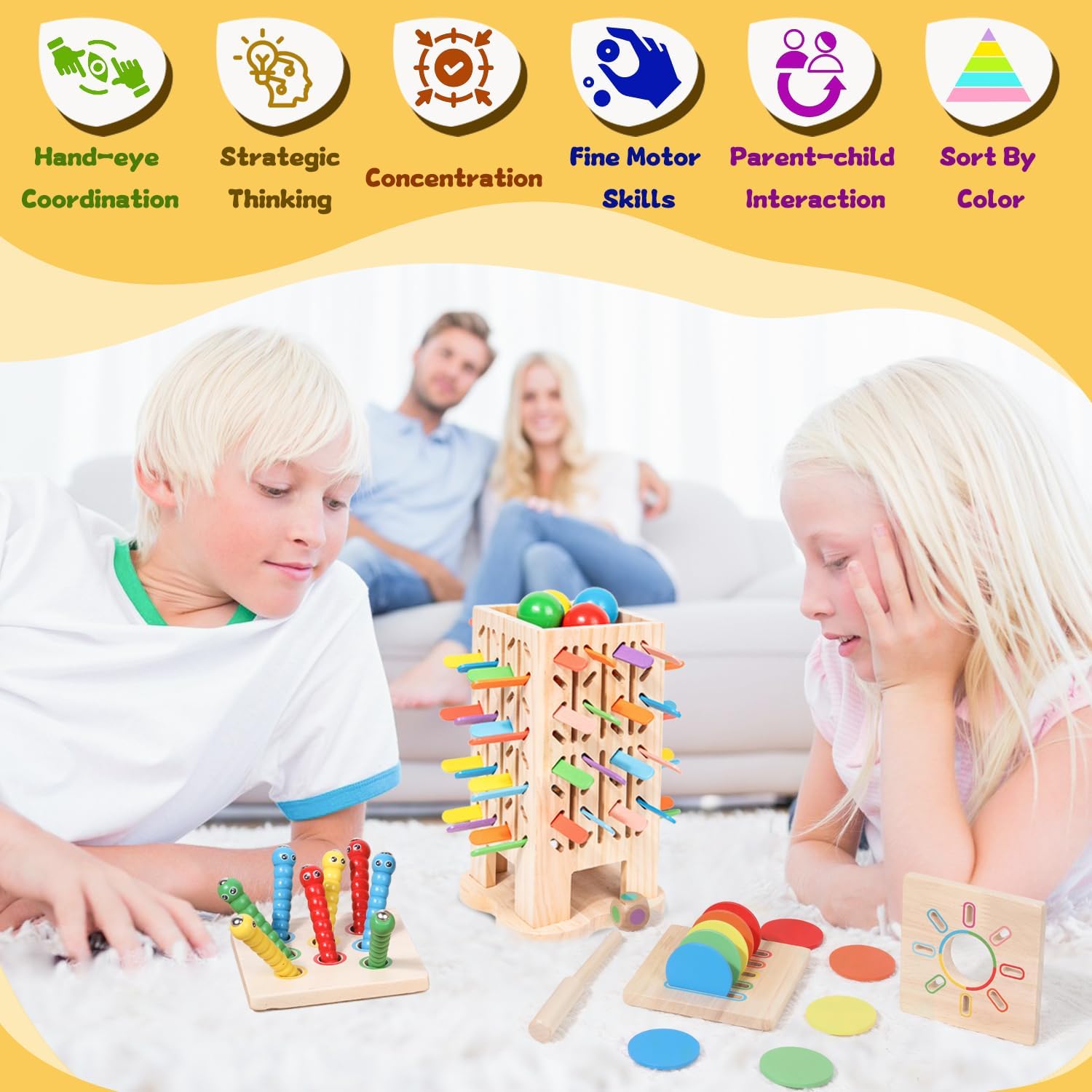 Montessori Wooden Board Games, Multifunctional Children's Toys, Sticks Dice Game & Wooden Learning Color Sorting Toys for Kids 3-6 Years, Builds Fine Motor Skills & Counting & Color Sorting