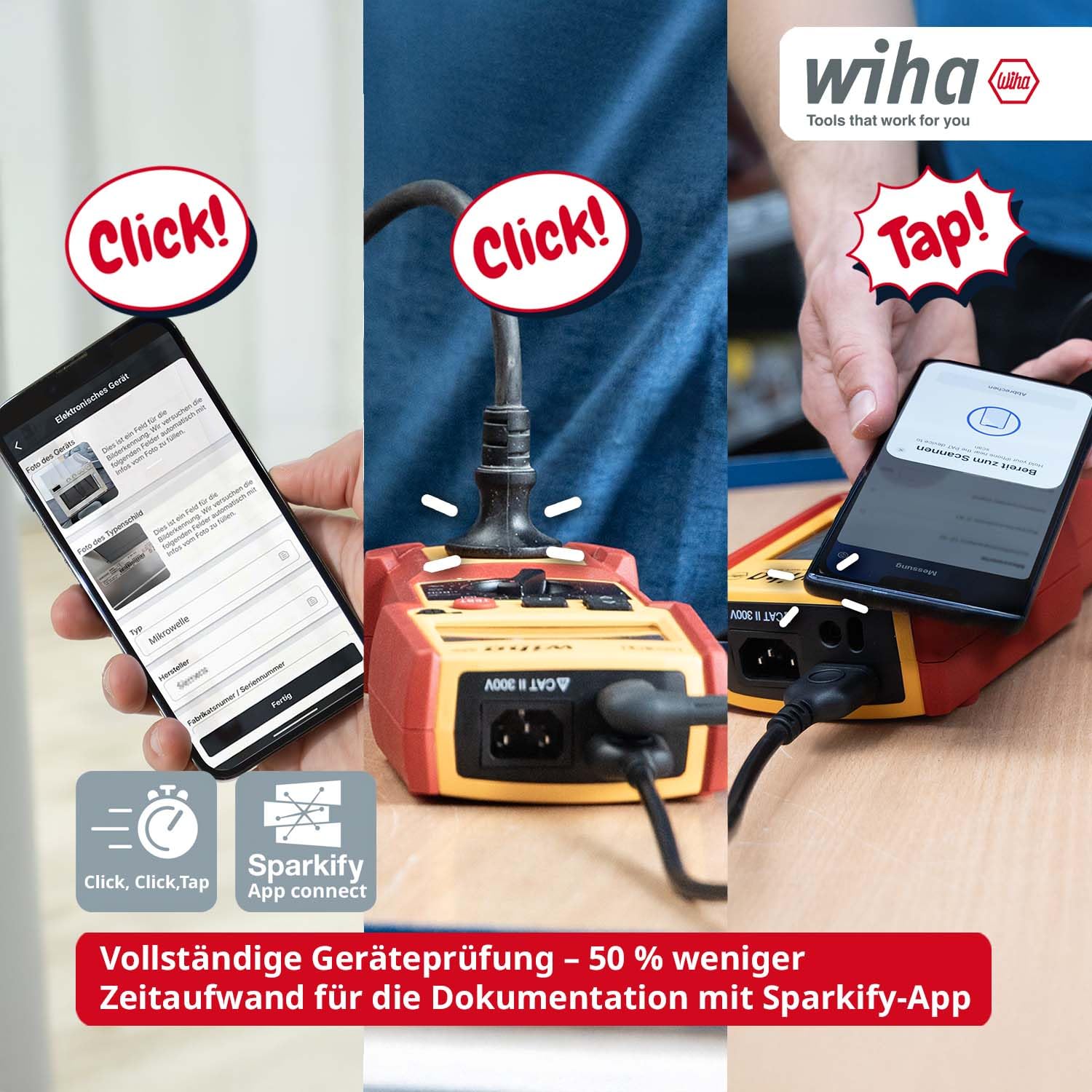 Wiha Gerätetester Set PAT one – Messgerät für Geräteprüfung DIN VDE 0701/0702 mit KI-Bilderkennung NFC-Dokumentation, Auto-Test FI/RCD-Prüfung, Koffer