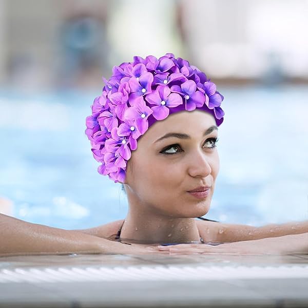 Cuffia da nuoto con fiori – Cuffia da nuoto elastica per capelli lunghi, stile vintage, design floreale con petali, vestibilità morbida e senza affaticamento della testa, in fibra sintetica broccato - 3