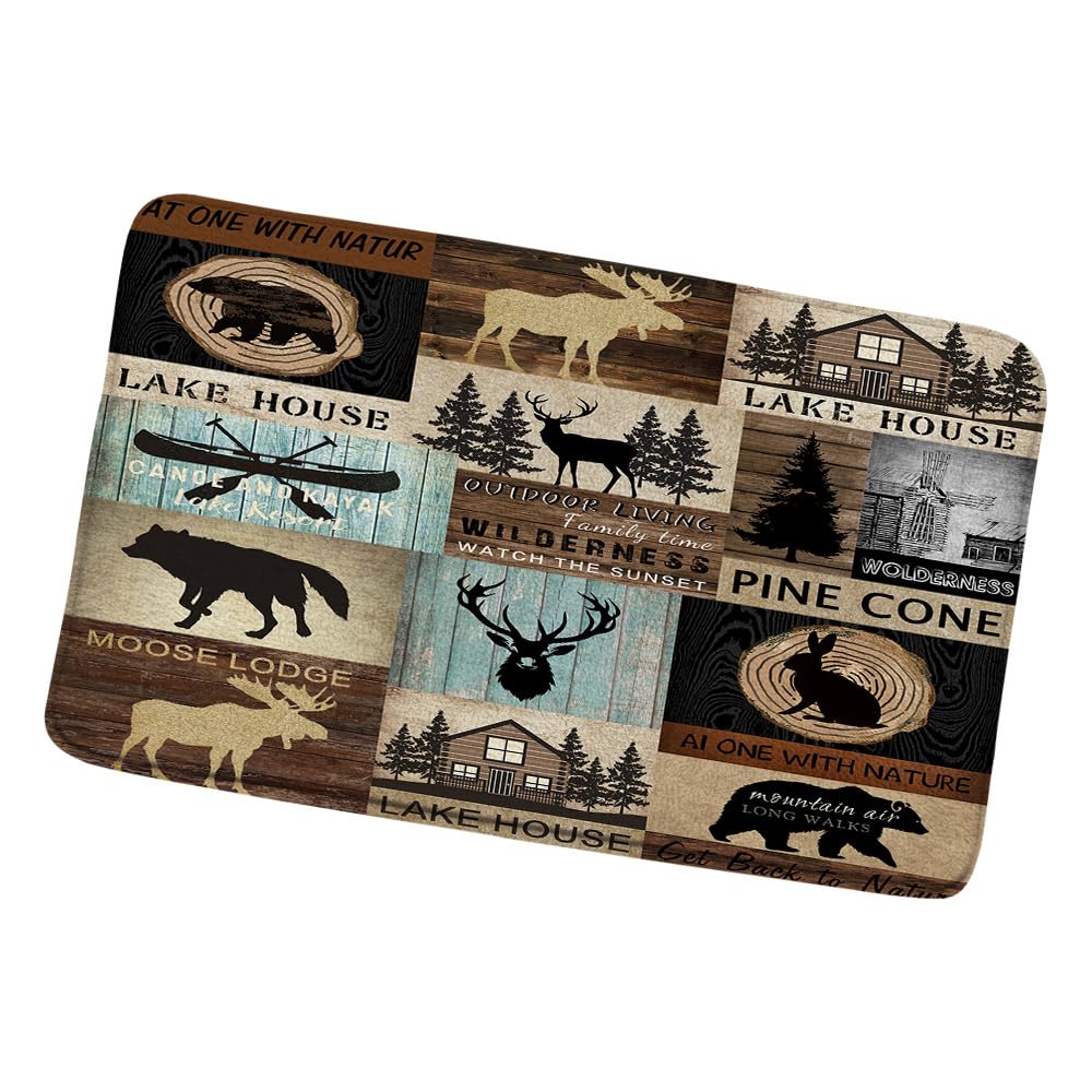 QWRSMYX Rustic Cabin Bath Mat Bear Deer Forest Wildlife Country Lodge Hunting Camping Animal Farmhouse Vintage Bathroom Rugs Bedroom Kitchen Toilet