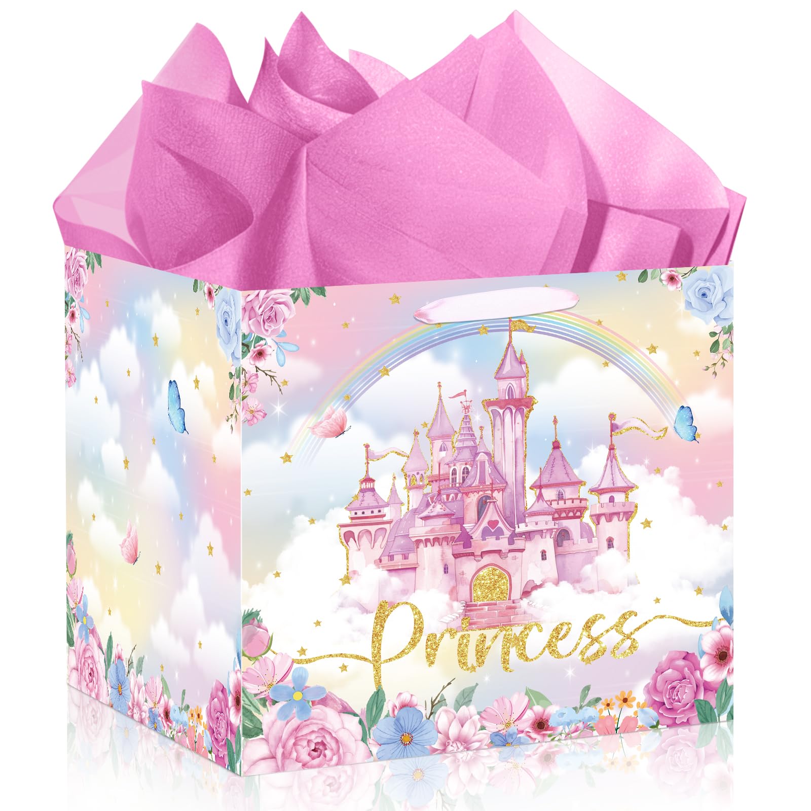 Extra Large Princess Gift Bag for Girls, Pink Castle Party Favors Bag with 6Pcs Tissue Paper Jumbo Flower Floral Gifts Bag with Handles Princess Wrapping Paper Bags for Birthday, Wedding, Baby Shower