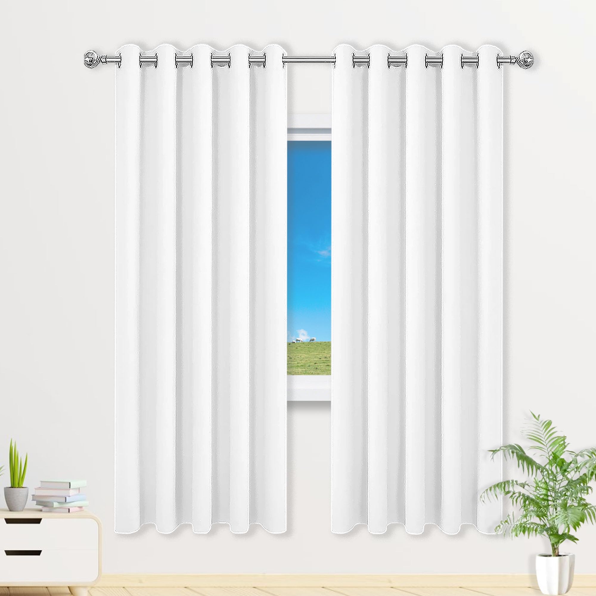 Rideaux occultants 120x210 cm blancs satinés à oeillets pour salon et cuisine moderne
