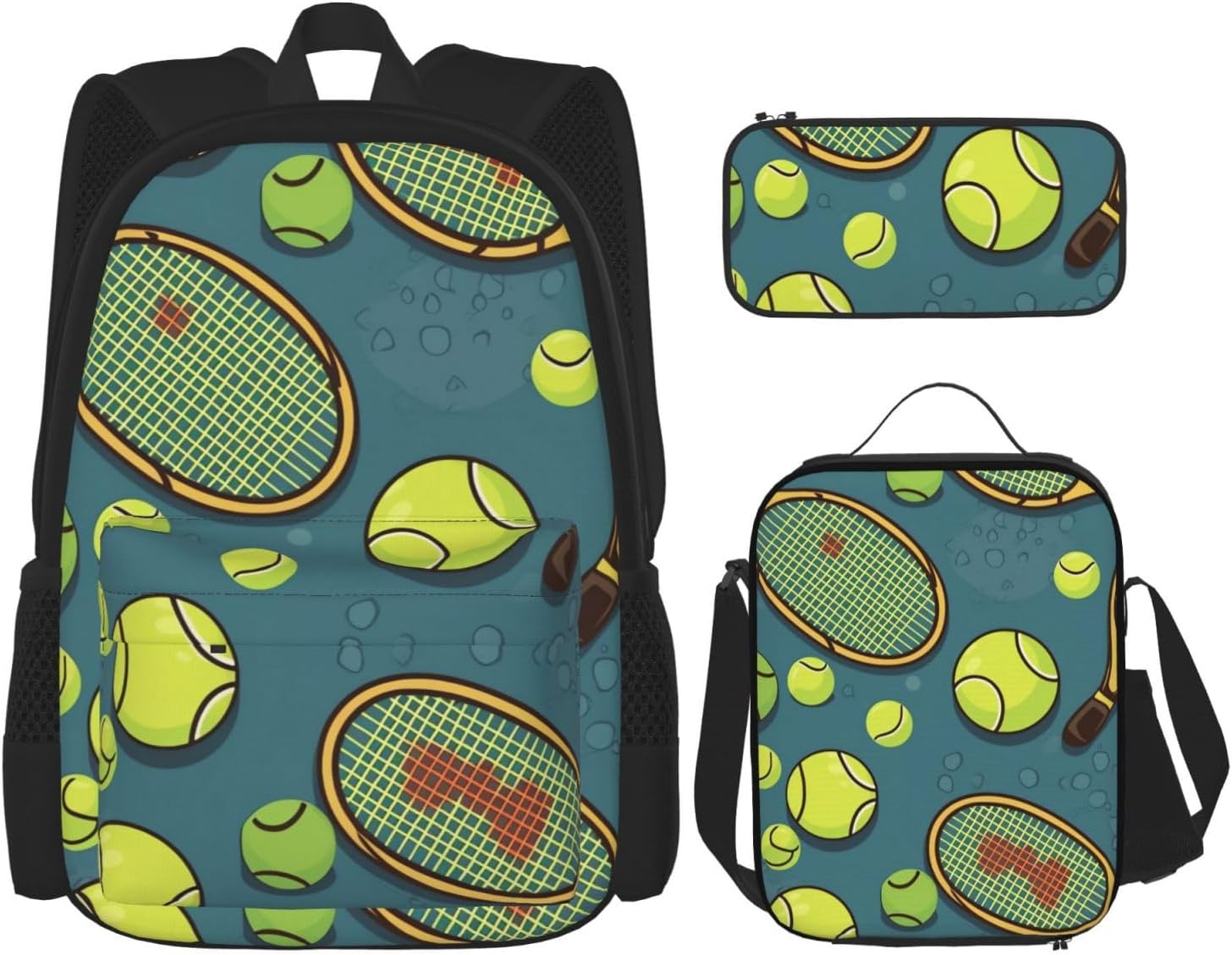 3PCS Backpack Sets with Funny Tennis Racquets and Tennis Balls Laptop Backpack Lunch Bag Pencil Case for Women Men Travel Bag