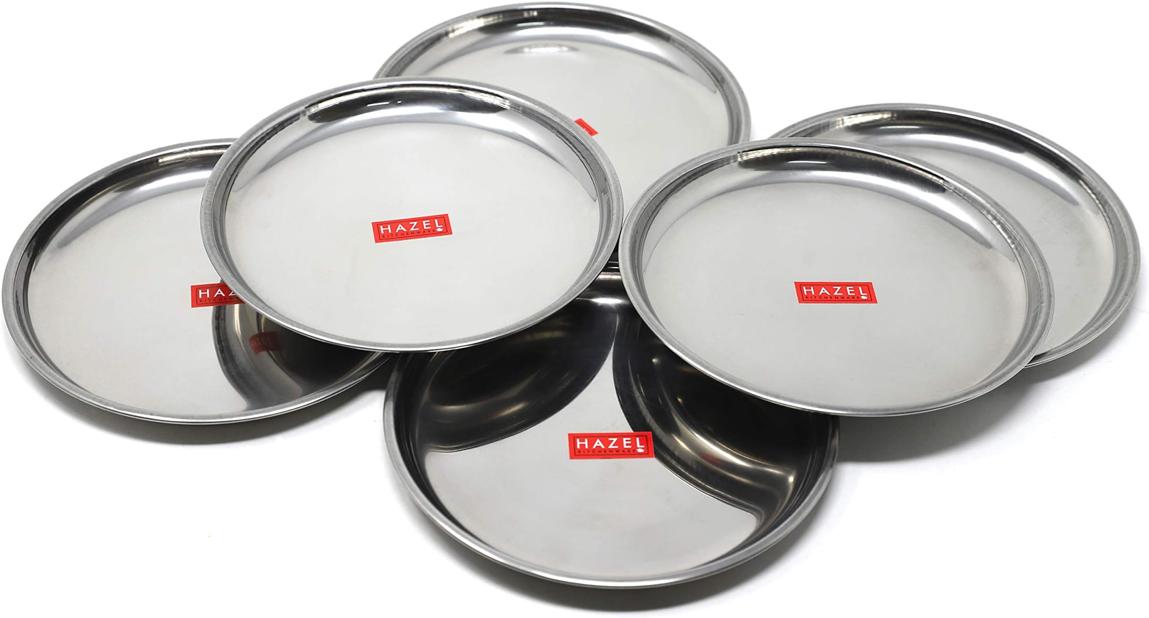 HAZEL Stainless Steel Snack Plates with Mirror Finish | Quarter Plates Set for Kitchen | Glossy Finish Thali (16 CM, Set of 6)