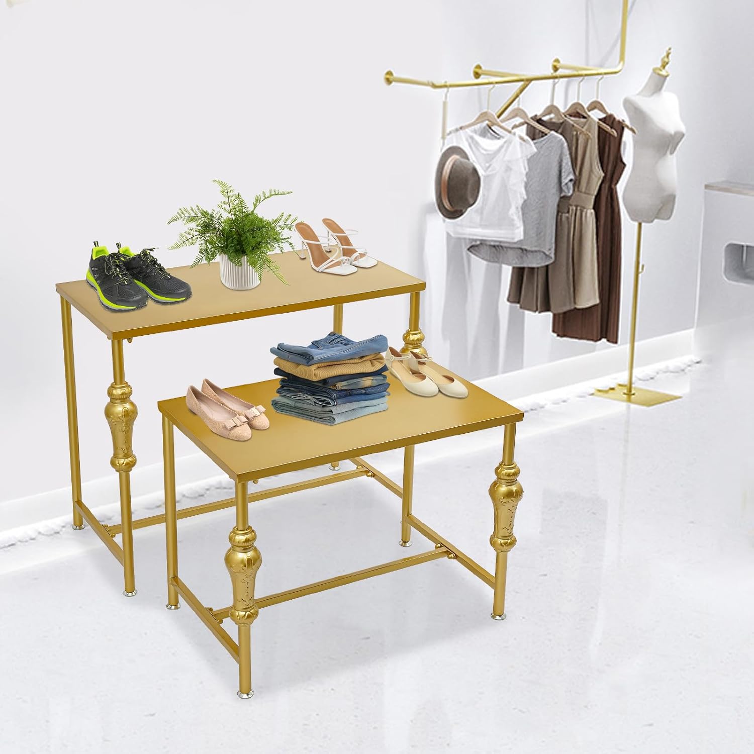 Industrial Retail Display Tables, Set of 2 Boutique Display Riser Shoe Handbag Display Stand Gold Shoe Rack Storage Shelves Adjustable Foot Pads for Retail Stores Vendor Events