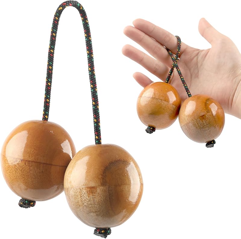1 Pack Natural Color Wooden Kashaka Instrument Asalato | Rhythmic Ball Adjustable Length African Shakers, Traditional Aslatuas Double Balls Hand Percussion for Performances