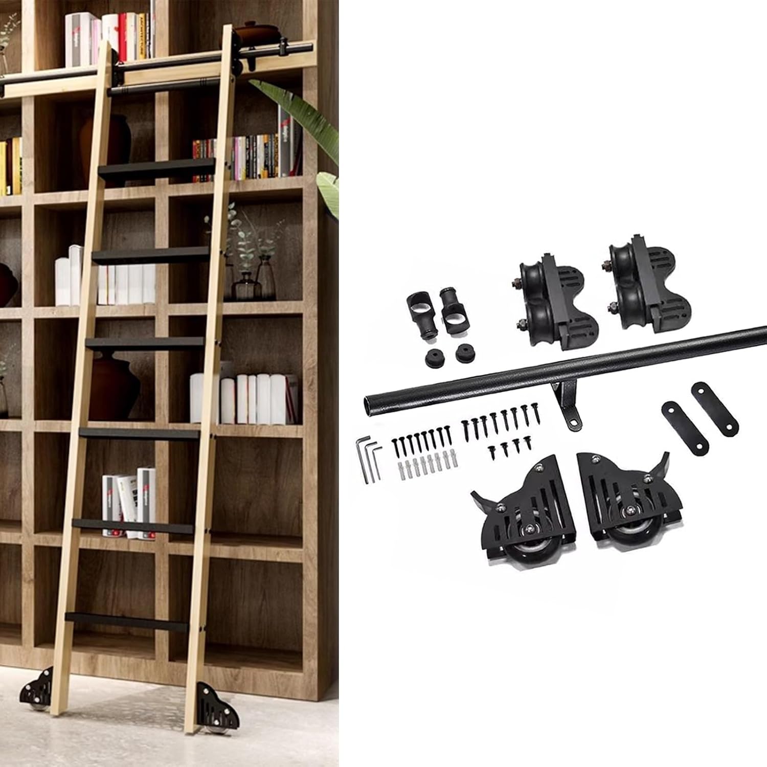 Retractable Rolling Library Ladder Hanging Track, 100-600cm Black Round Tube Mobile Ladder Hardware Rail (No Ladder) for Home/Bookshelf/Loft(16ft/500cm Track kit)