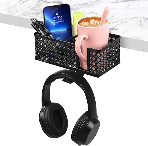 Soporte para tazas de escritorio, gancho con clip, soporte para bolígrafo, organizador de escritorio, soporte para lápices, soporte para teléfono,