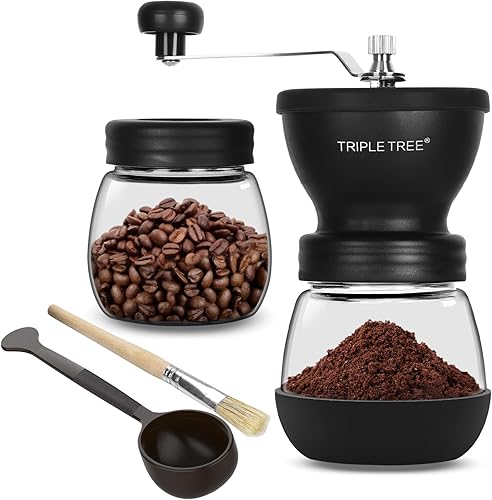 Molinillo de café manual con rebabas de cerámica y mango de acero inoxidable alargado, molinillo de café de mano con 2 frascos de vidrio (11 onzas
