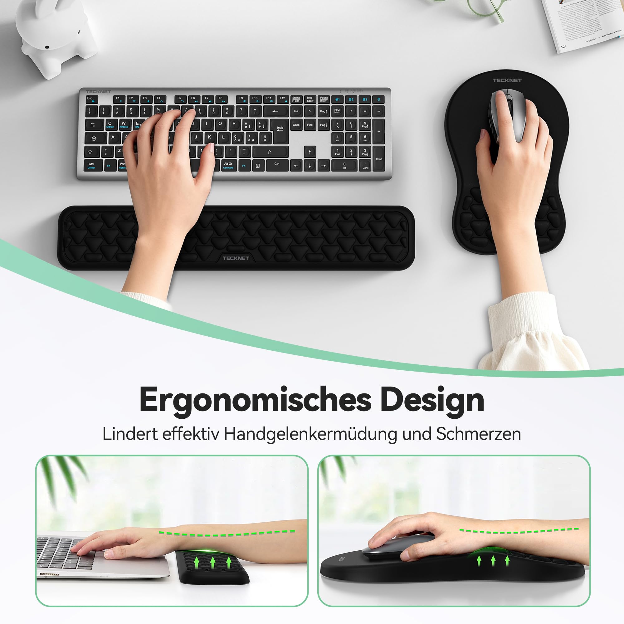TECKNET Ergonomisches Mauspad und Handballenauflage Tastatur, Mousepad mit Handauflage, Mauspad mit Gelkissen und Rutschfester PU-Basis für Schmerzlinderung für Büro, Home, Laptop, PC(2 in 1)