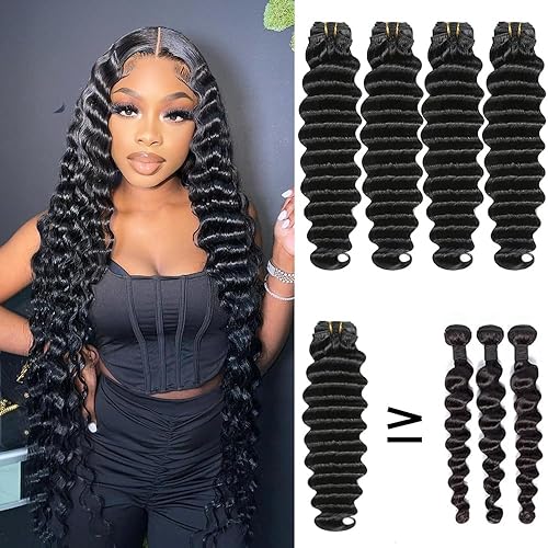 Extensiones de cabello humano de calidad de salón de belleza, ondas profundas, sueltas, 4 manojos de cabello humano virgen brasileño, 100% sin