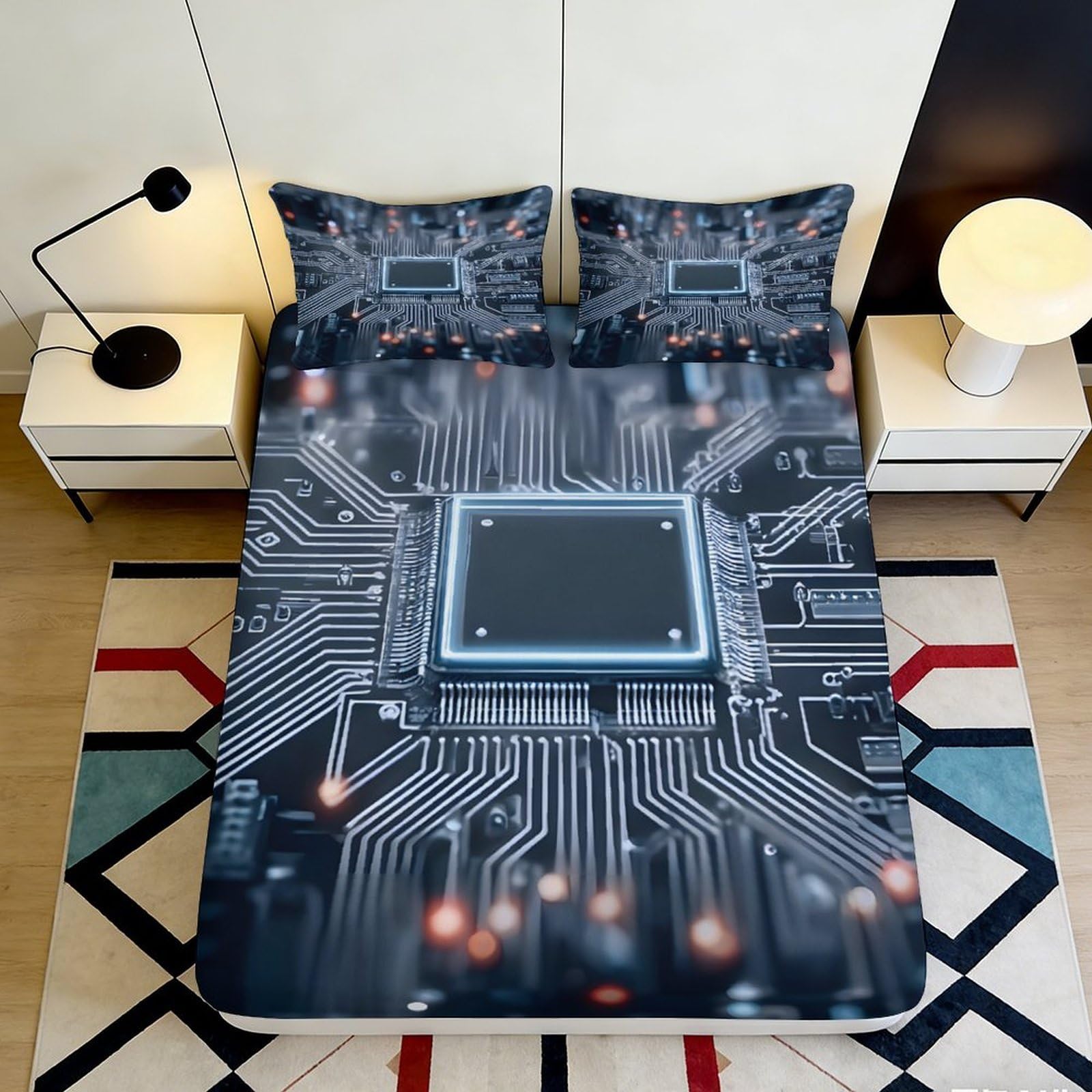 3D Printed Circuit Board Fitted Sheet Microfiber Anti-Slip Bed Cover for Bedroom Dorm Room Modern Tech Decor 90x200x25cm
