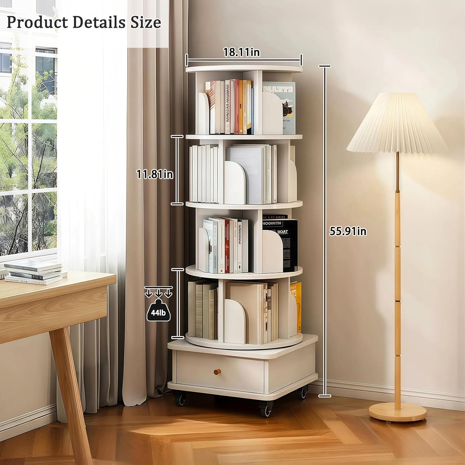 Merax 5 Tier Rotating Bookshelf, 360°Display Round Spinning Bookcase with Wheels, Small Space Book Case Tower for Bedroom Living Room Home Office,Warm White