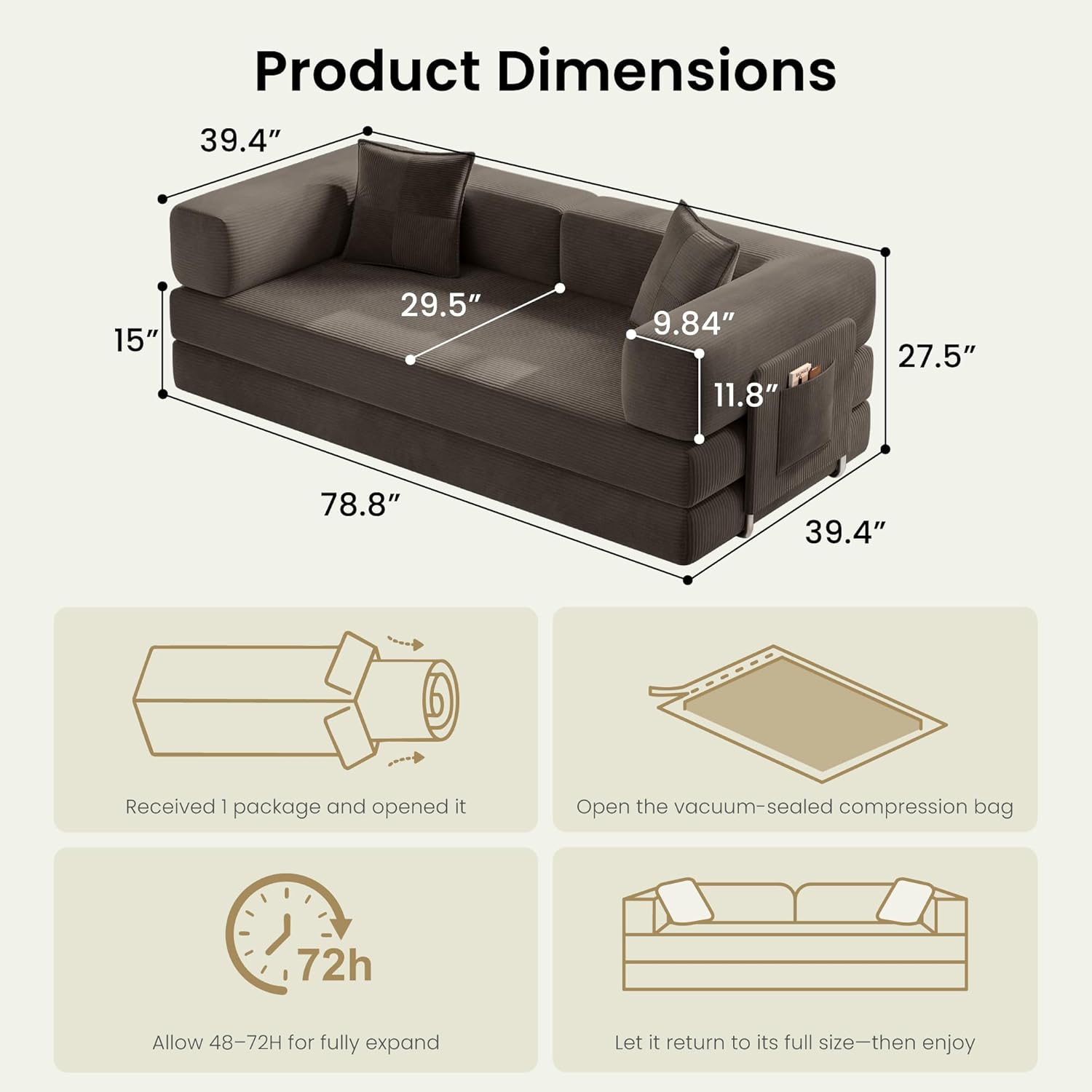78.8" Convertible Futon Sofa Bed,Corduroy Futon Couch with Storage Pocket,Folding Pull Out Sofa,No Assembly Boneless Couch for Living Room,Brown