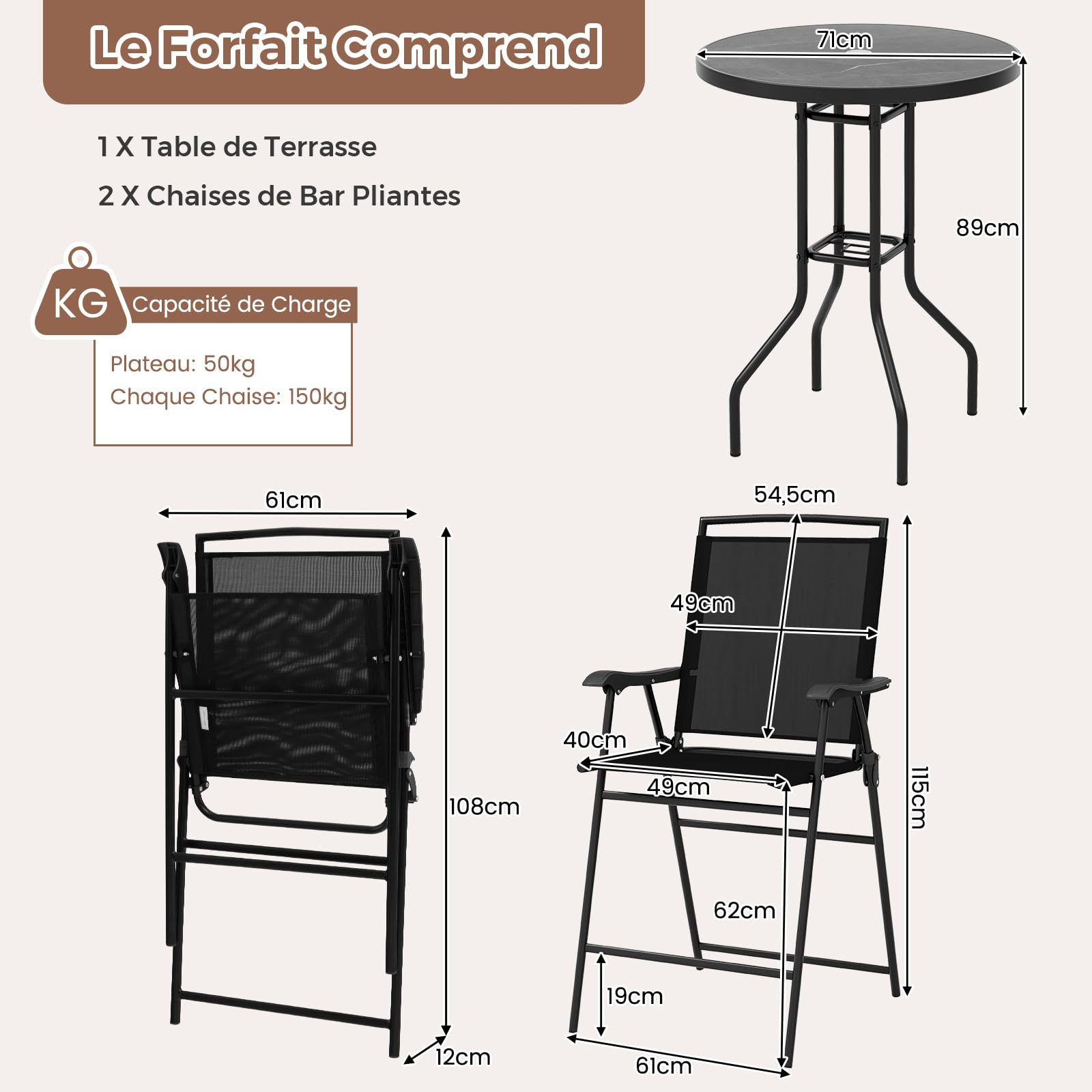 GIANTEX Ensemble Table et Chaise Bar, Mange Debout Extérieur 1 Table Haute en DPC 2 Chaises Bar Pliantes, Trou de Parasol de 42 mm, Ensemble Bistrot pour Jardin, Patio, Balcon, Noir