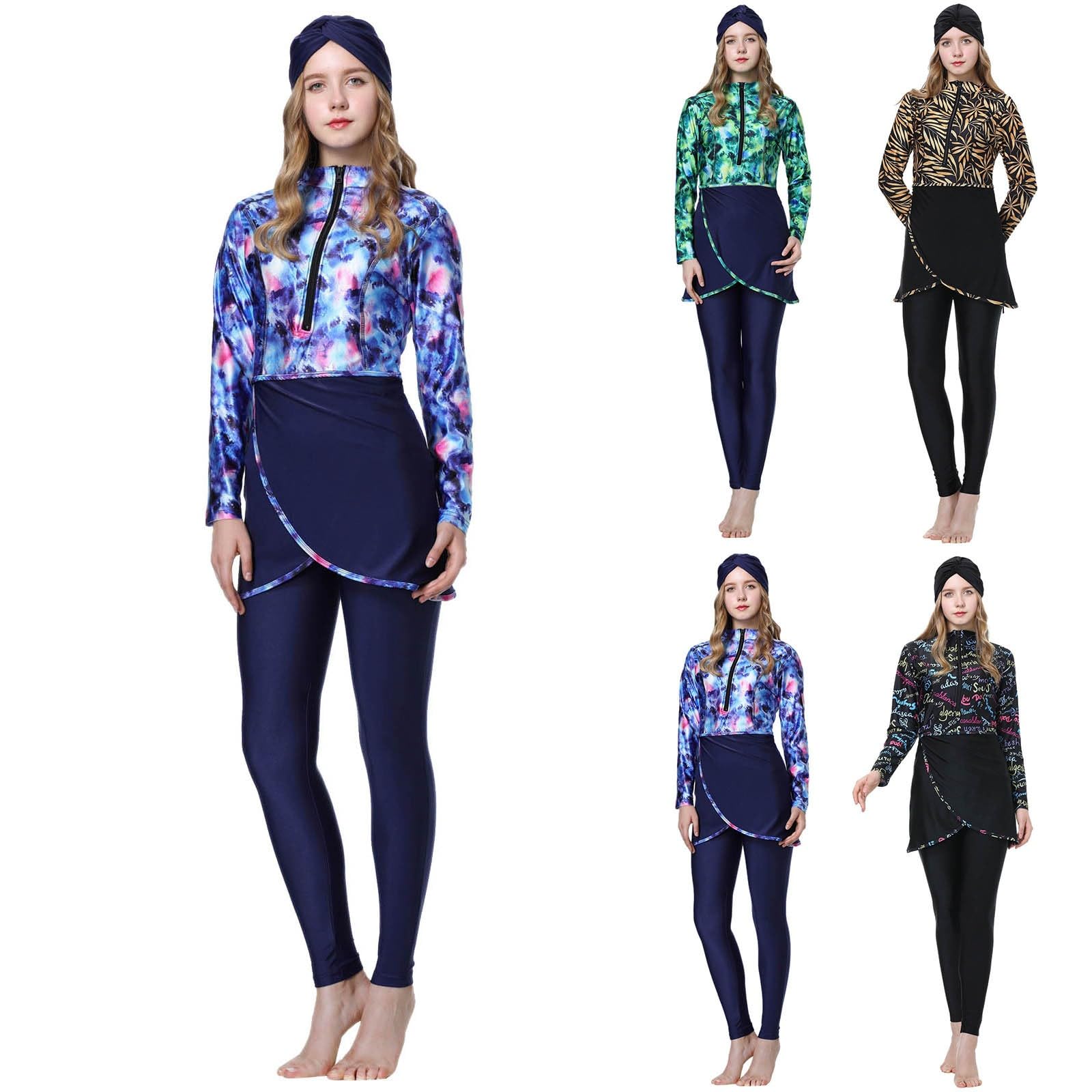 Burkini, costume da bagno da donna musulmana Full Cover Islamico, costume da bagno a maniche lunghe, con reggiseno integrato, pantaloni da nuoto e Hijab, 3 pezzi, costume da bagno con stampa