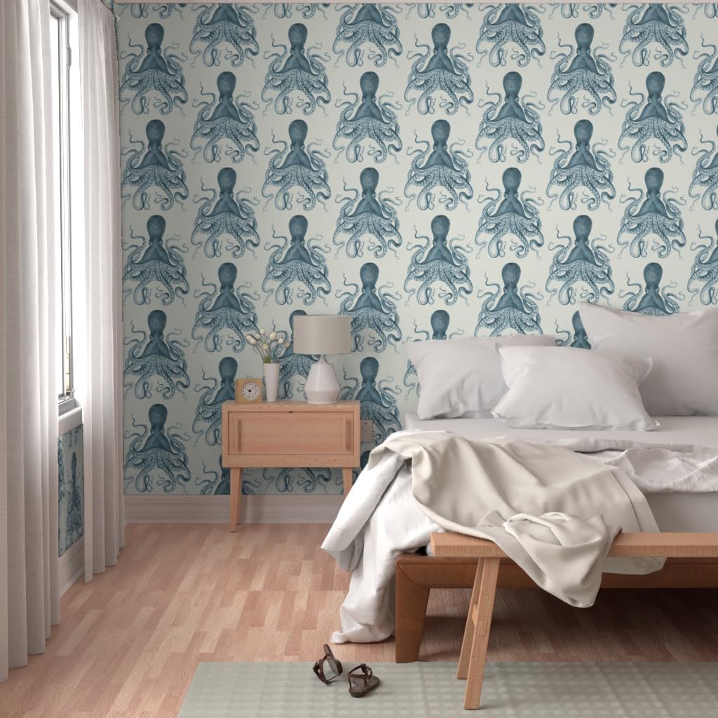 Peel & Stick Wallpaper 3ft x 2ft - Octopus Sea Coastal Nautical Vintage Beach Summer Animal Custom Removable Wallpaper by Spoonflower