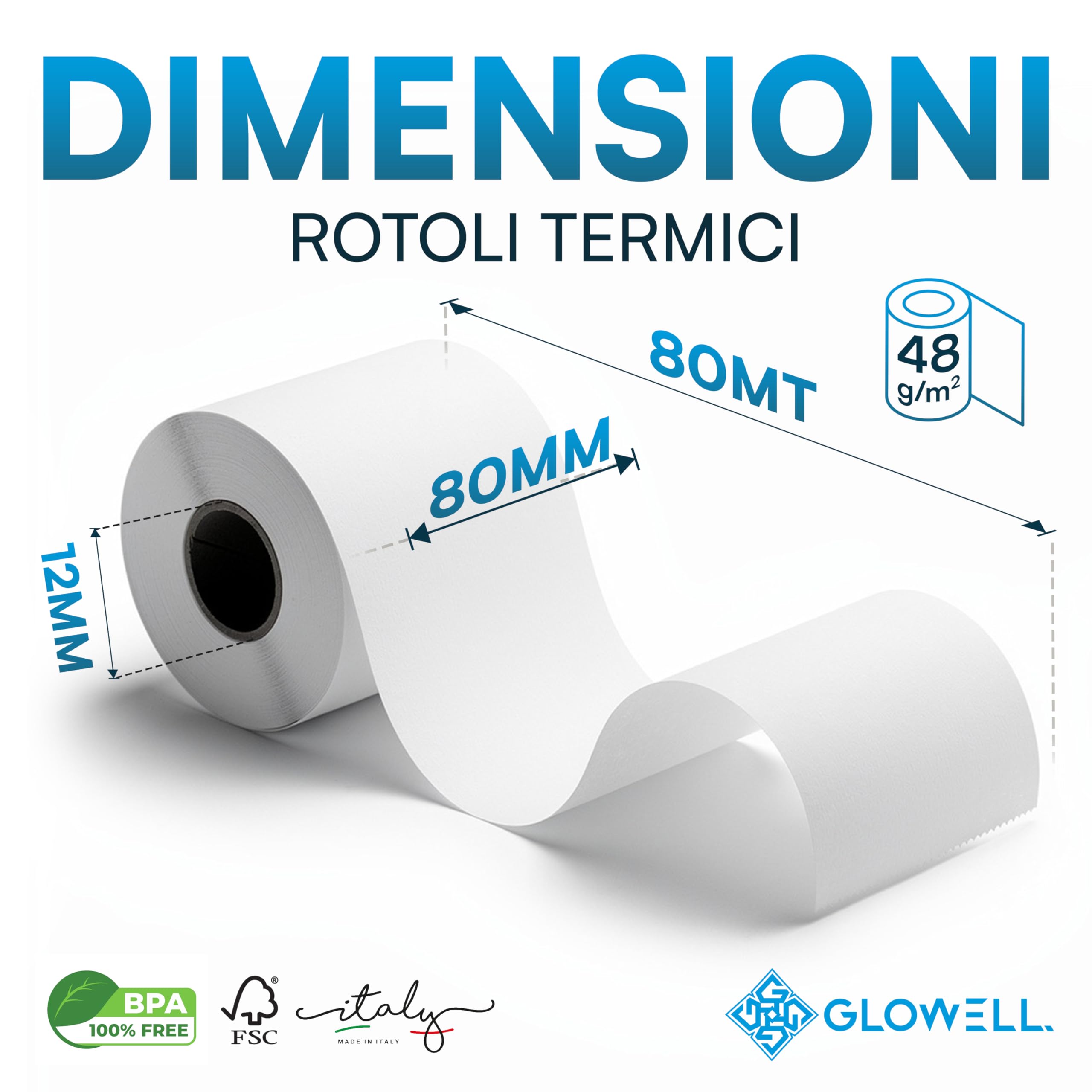 Glowell Rotoli POS 80x80 m di Lunghezza in Carta Termica con foro da 12 mm - Stampa Scontrini alta qualità, Rotoli Cassa per Stampante Termica Scontrini Bancomat, Carta Pos Made in Italy (50pz)