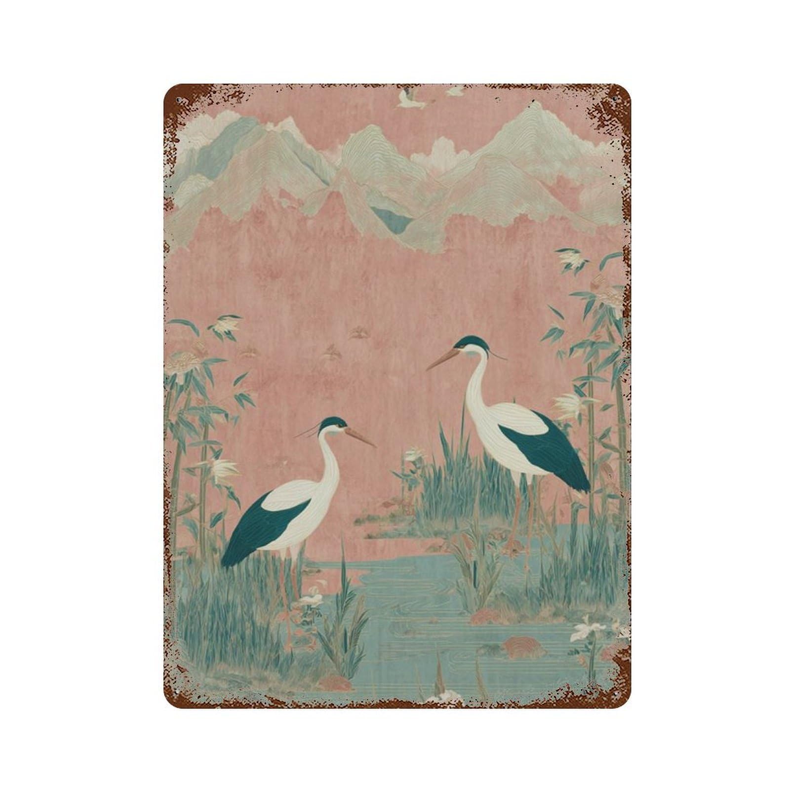 xiaoxiaoshen Heron Bird Oriental Botanical Crane Nature Wall Decor Art Metal Tin Poster Modern Home Decor Art Home Bar Shop Decorations Vintage Sign 40x30cm