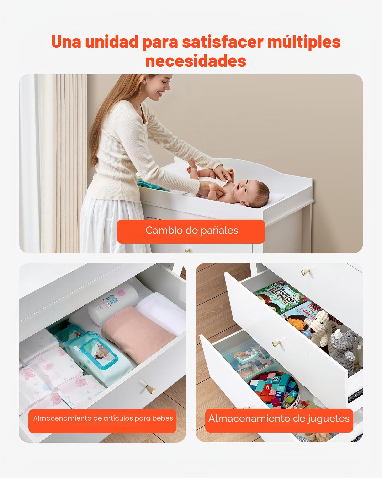 VEVOR Cambiador, Cambiador Moderno y Multifuncional de Pañales para Bebé 462 x 851 x 1010 mm con 3 Cajones y Organizador de Almacenamiento, Carga de 45,36 kg para Habitación Infantil, Blanco