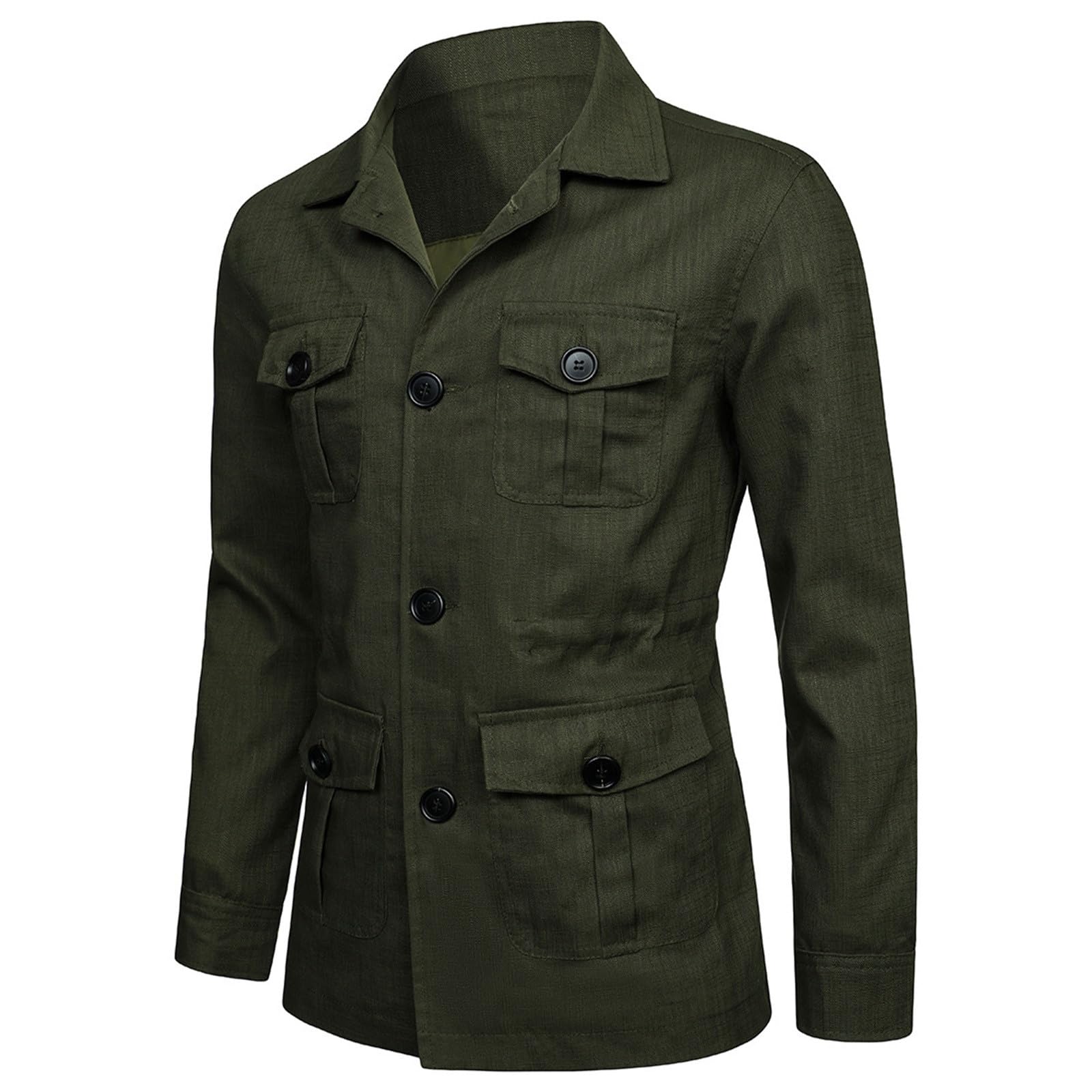 Generisch Chaqueta ligera de safari para hombre, con botones de lino, con varios bolsillos, chaqueta de campo, chaqueta de exterior, corte holgado, chaqueta de lino
