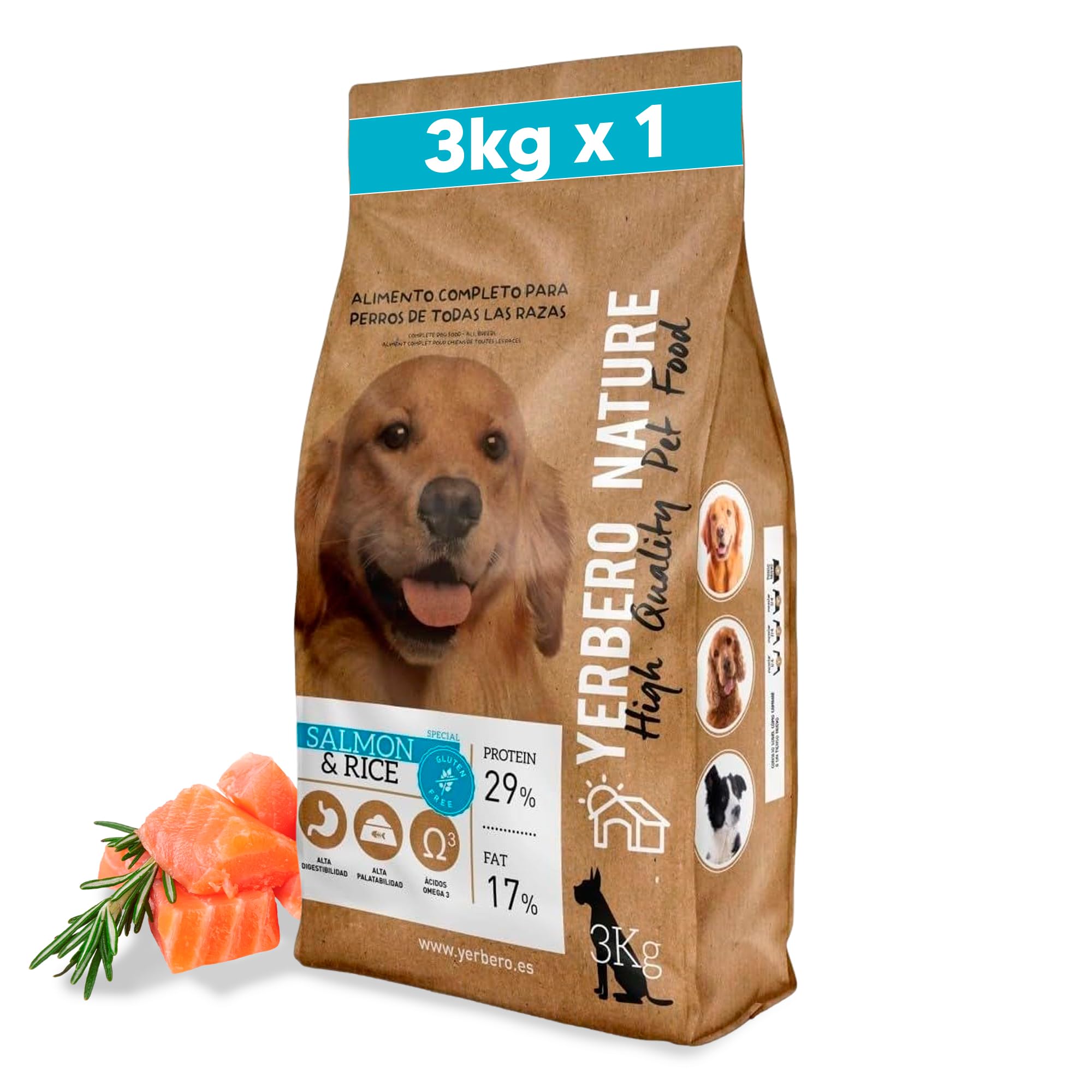 Yerbero Nature Salmon & Rice Pienso sin Gluten para Perros Adultos, Hipoalergénico, Alta Digestibilidad, Comida Natural con Omega 3, 29% Proteína, 3 kg (Salmón y arroz)