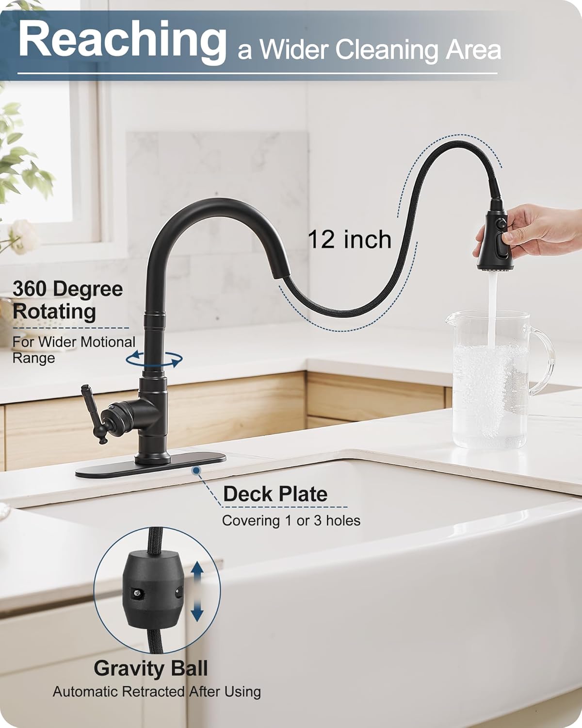Pull Down Kitchen Faucet & Bathroom Faucet, 3-Modes Black Kitchen Faucet with Sprayer 1 Hole, 4-16 Inch Brass Waterfall Bathroom Sink Faucet 3 Hole with Drain