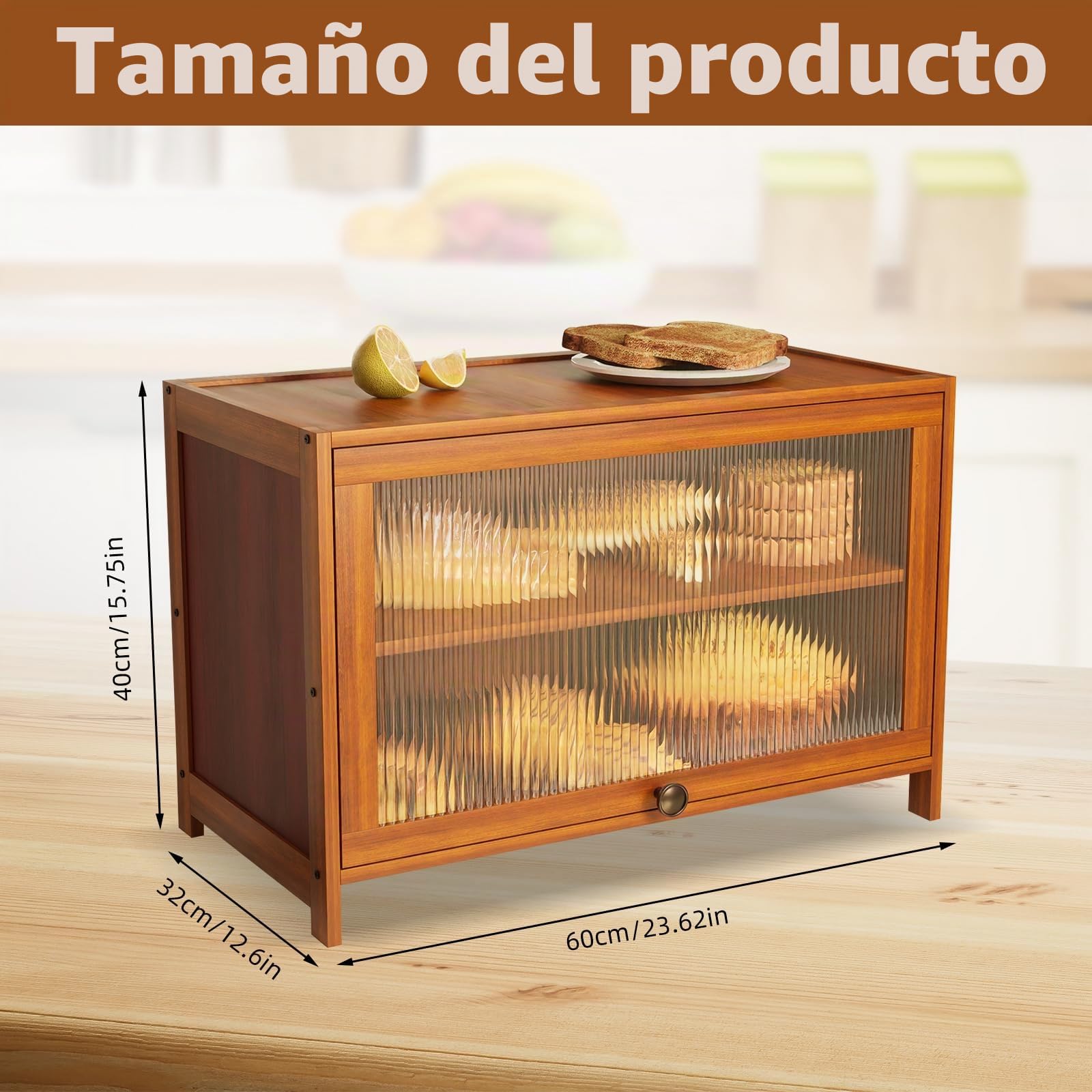 Panera de bambú, 2 niveles, 60 × 32 × 40 cm, caja de almacenamiento de pan con puerta de acrílico, para panes y panes