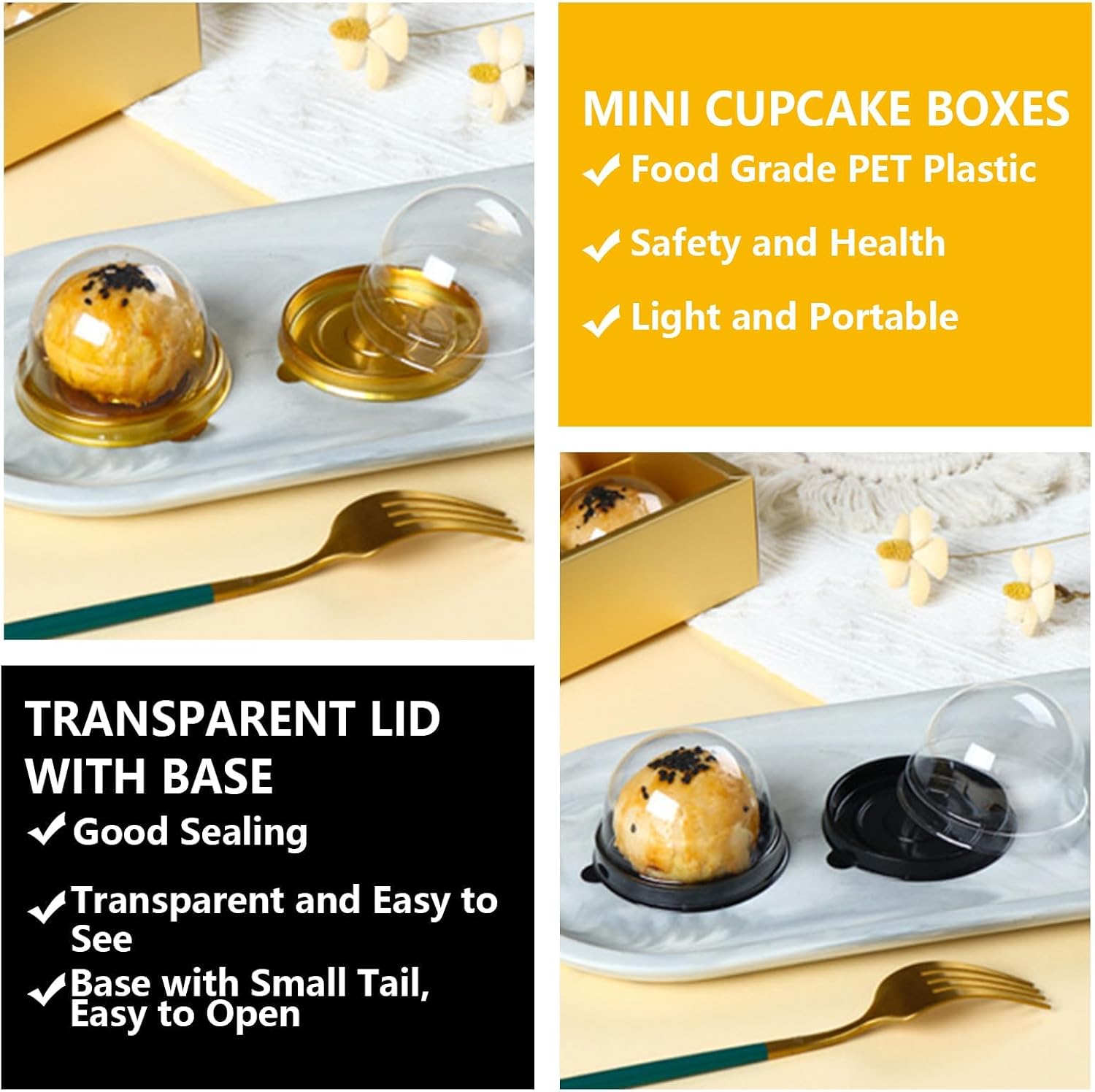 WOPPLXY 200 Pcs Mini Cake Containers, Clear Plastic Cupcakes Containers Muffin Mooncake Holder, Mini Cupcake Boxes with Dome Lid for Cheese Pastry Dessert Mooncake (100 Gold,100 Black)