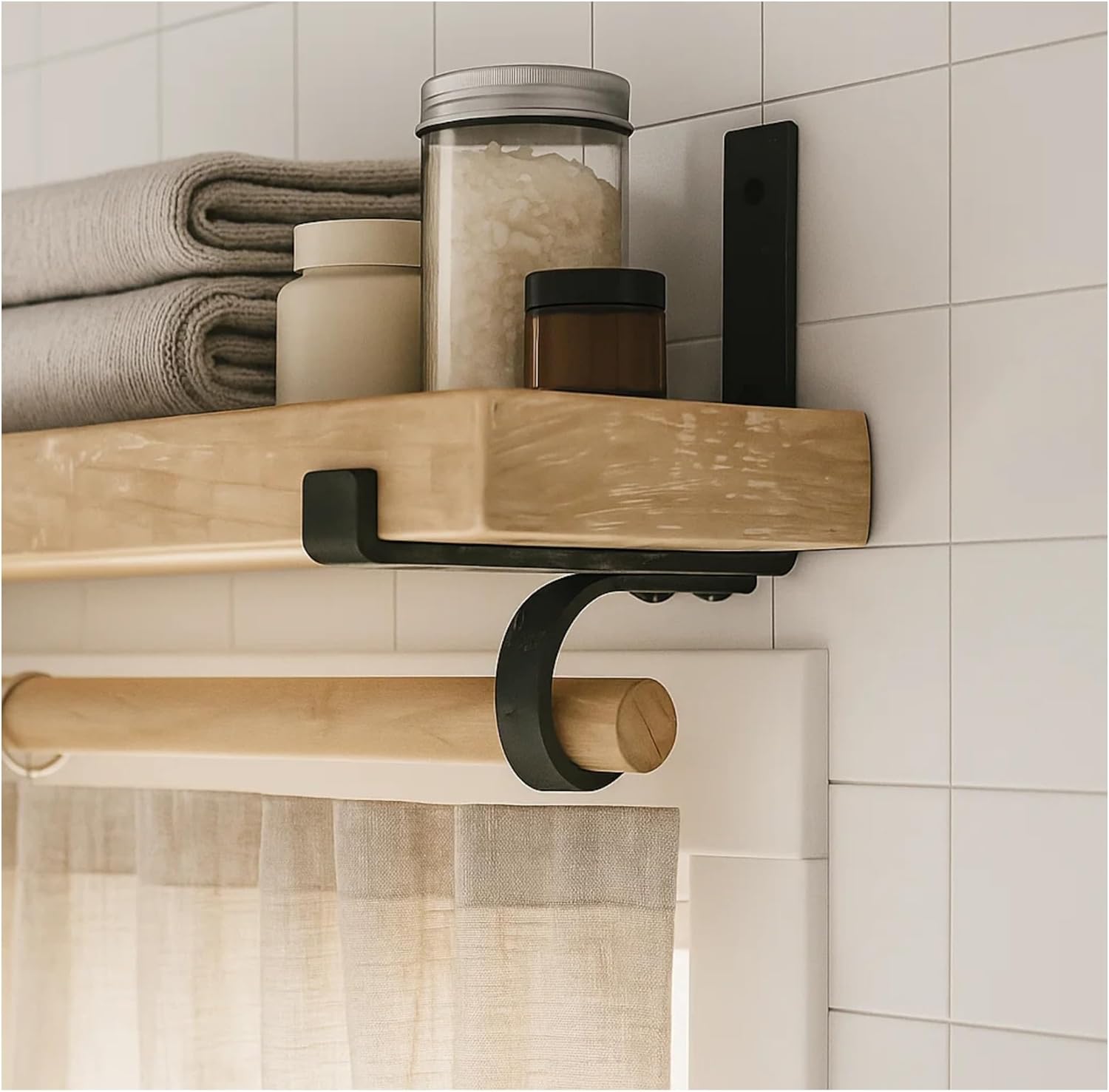 Shelf Bracket with Curtain Rod Holder- Steel, Heavy Duty Wall Mount Brackets for Shelves & Curtain Rods- Artisan Crafted Handmade Drapery Hardware (6")