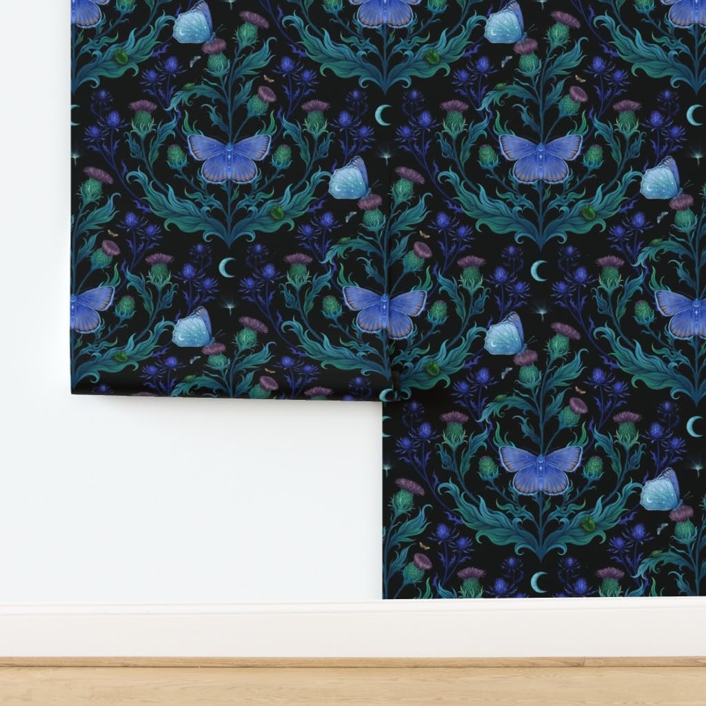 Spoonflower Removable Wallpaper 3ft x 2ft - Thistle Flowers Butterfly Dark Art Nouveau Moody Custom Pre-Pasted Wallpaper