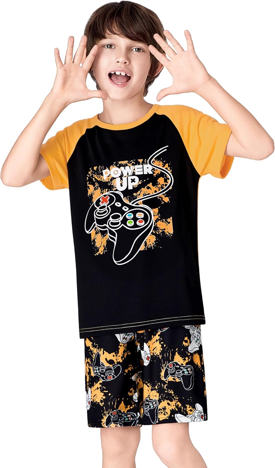 Tebbis 2-Piece Cozy Pajamas For Little/Big Boys Gamer Yellow Short Sleeves Cool PJs Set Kid Size 6-18 - Image 3
