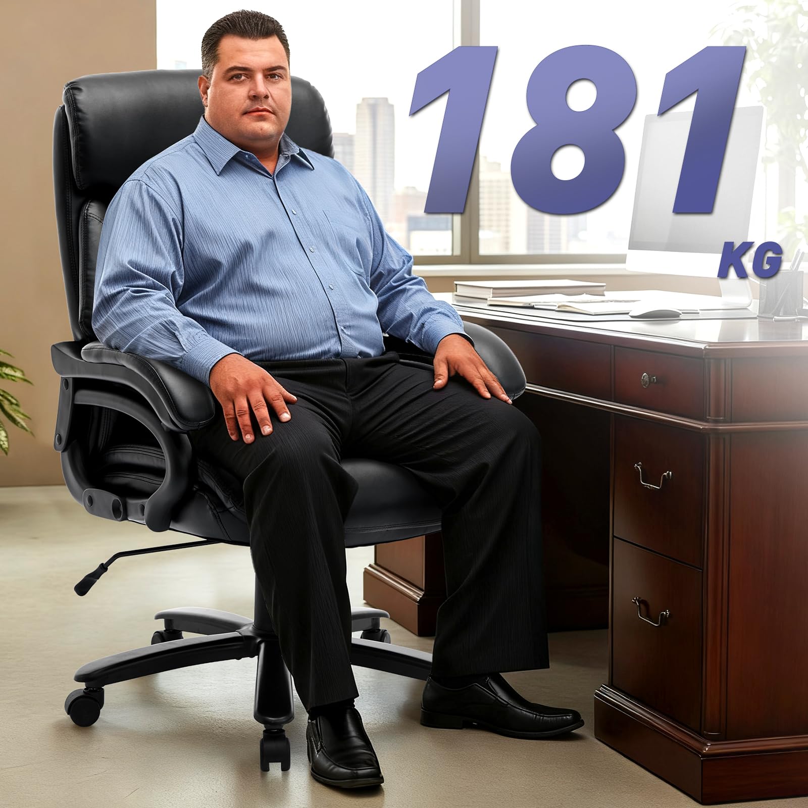 COLAMY XXL Chefsessel[181kgs] - Hochlehner Bürostuhl Leder mit verstellbaren Armlehnen - Extra breiter Sitz (59cm) für Homeoffice und Büro, Schwarz