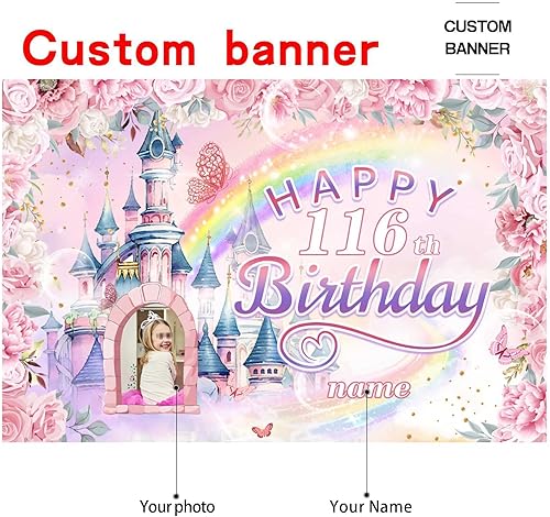 Vista 2 de Cartel personalizado de decoración de cumpleaños número 116 con temática de castillo y princesa, pancarta de tela personalizada para suministros