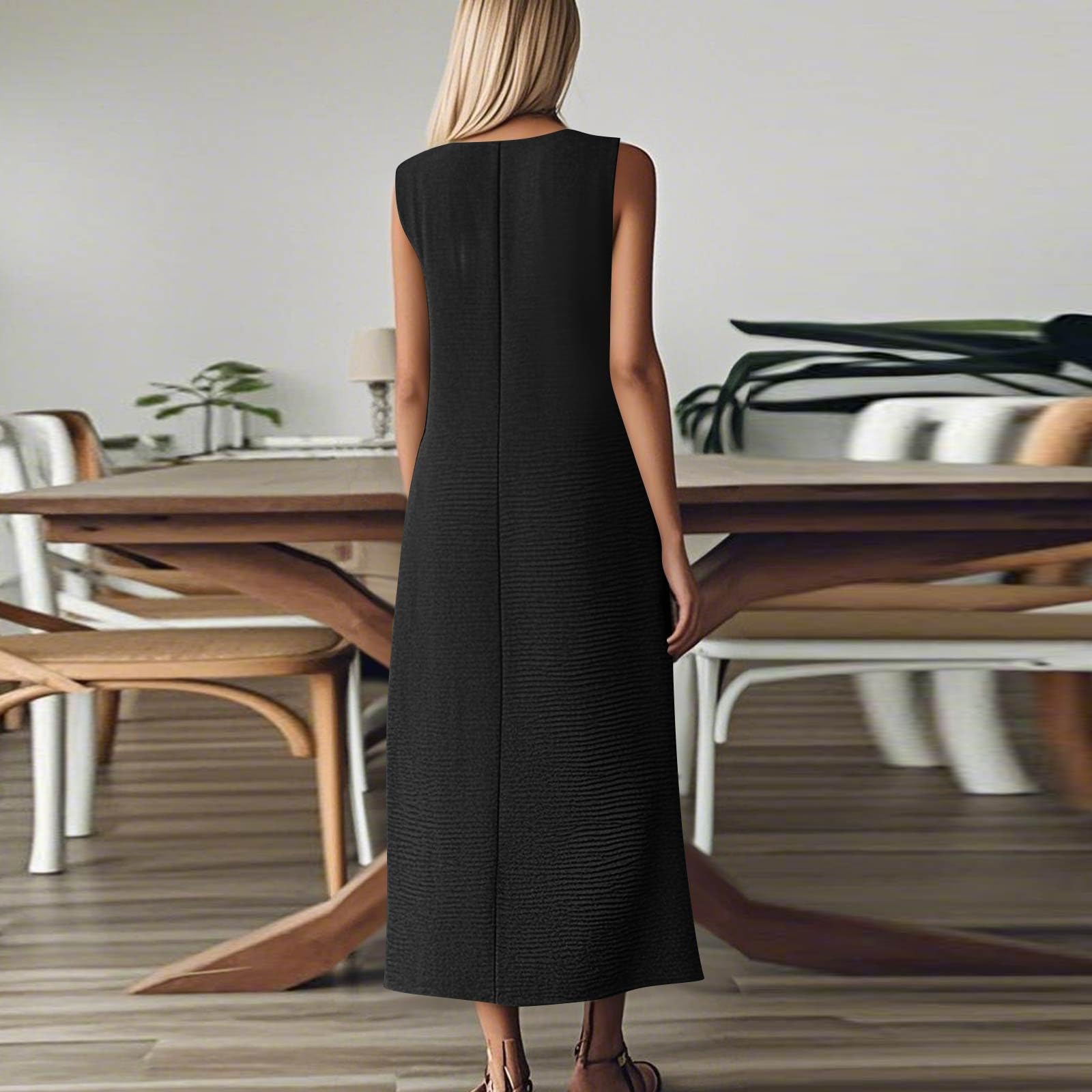 Kleid Damen Leinenkleider für Damen V-Ausschnitt ärmelloses Maxikleid, lässiges, Schlichtes, langes, fließendes Sommerkleid für Strand und Urlaub