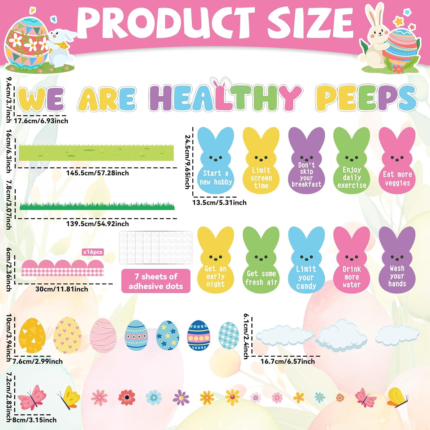 Easter Bunny Bulletin Board Set Easter Health Habits Bulletin Board Decoration Spring Bunny Cutouts Rabbit Good Habit Paper Cutout Spring Classroom Decoration for School Chalkboard Wall Decor Supplies