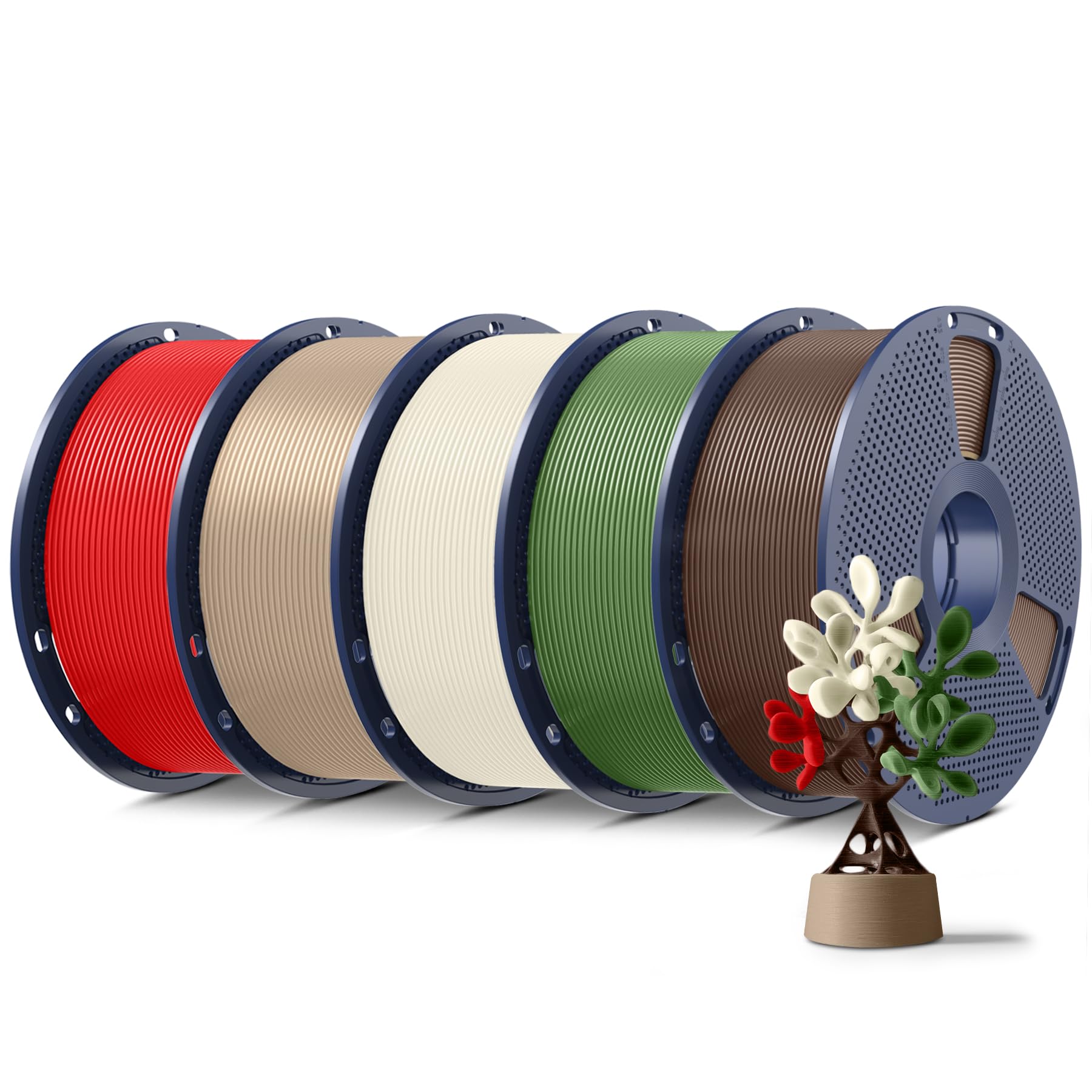 SUNLU 5KG PLA+ Filament Pakiet, Filament PLA Plus Drukarki 3D 1,75 mm ± 0,02 mm, 1 kg na Szpulę, 5 Rolki, Bone White+Dąb+Kawowy brąz+Oliwkowa zieleń+Czerwony | Zwiększona trwałość i wytrzymałość, 1 kg na szpulę, 5 rolek, złamana biel+dąb+kawa brązowa+oliw