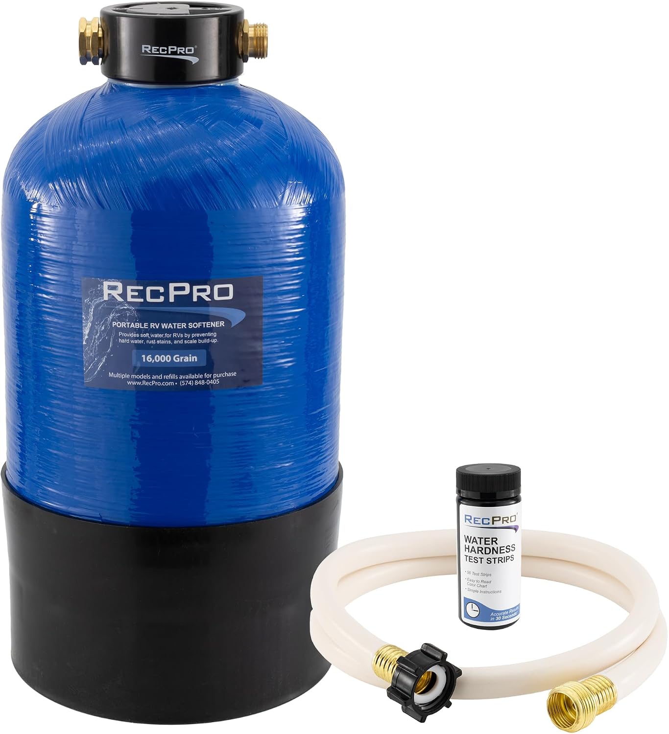 RecPro RV Water Softener Portable | Prevents Hard Water Buildup | Hose and TDS Water Test Strips Included | Cation Exchange Resin (16,000 Grain)