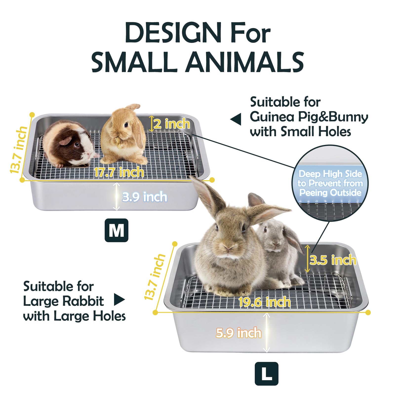 MEEXPAWS Rabbit Litter Box Stainless Steel, Large Bunny Litter Box with Raised Grid and Washable Pee Pad, Metal Litter Pan High Side for Rabbit,Small Animal Toilet Potty Tray Easy Cleaning,Less Stink - image 3