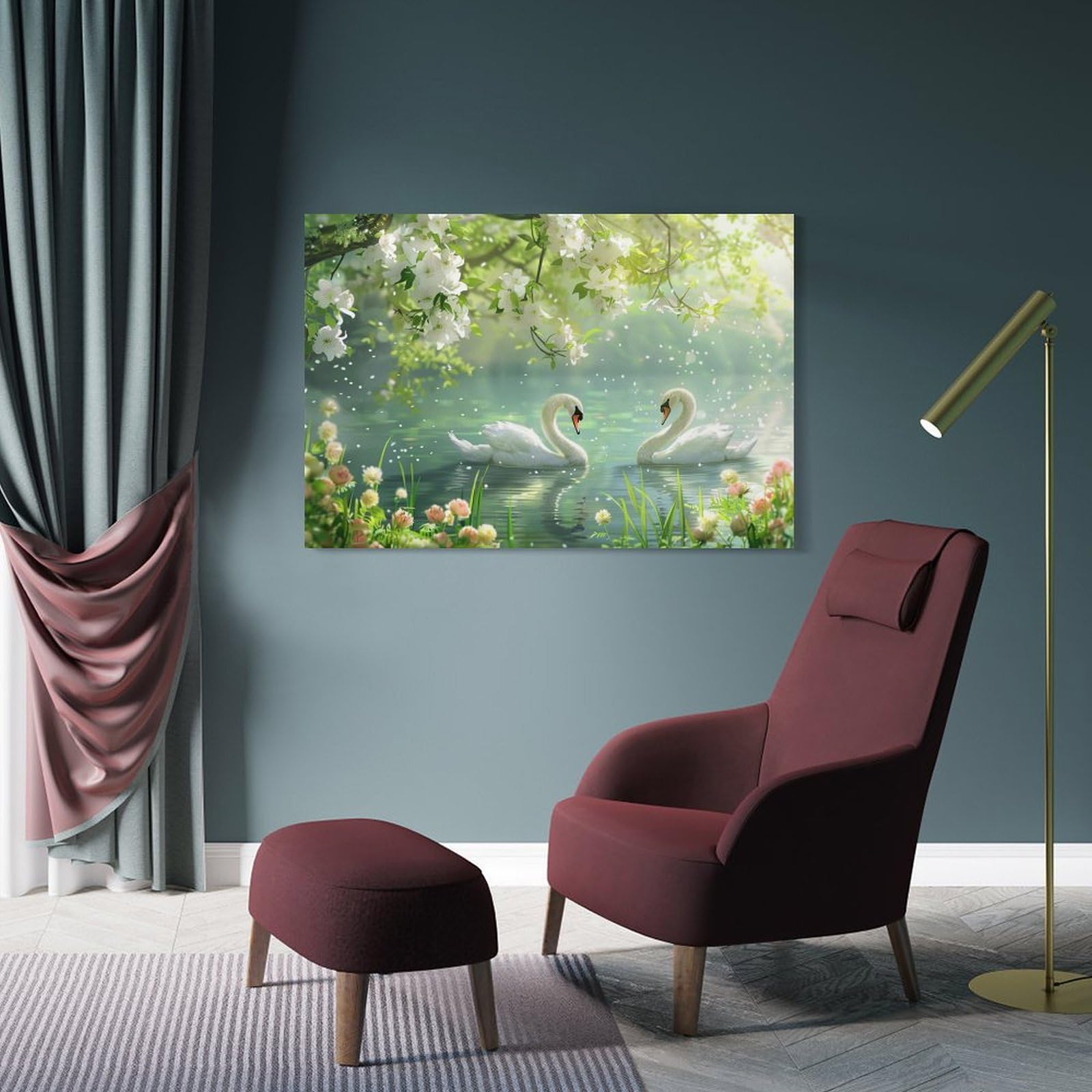 絵画　風景画　 湖畔　鴨　インテリア　額　パステルカラー　ほとり Amazon.co.jp: 絵画 春の川には花が咲き、白鳥が泳ぐ アートパネル