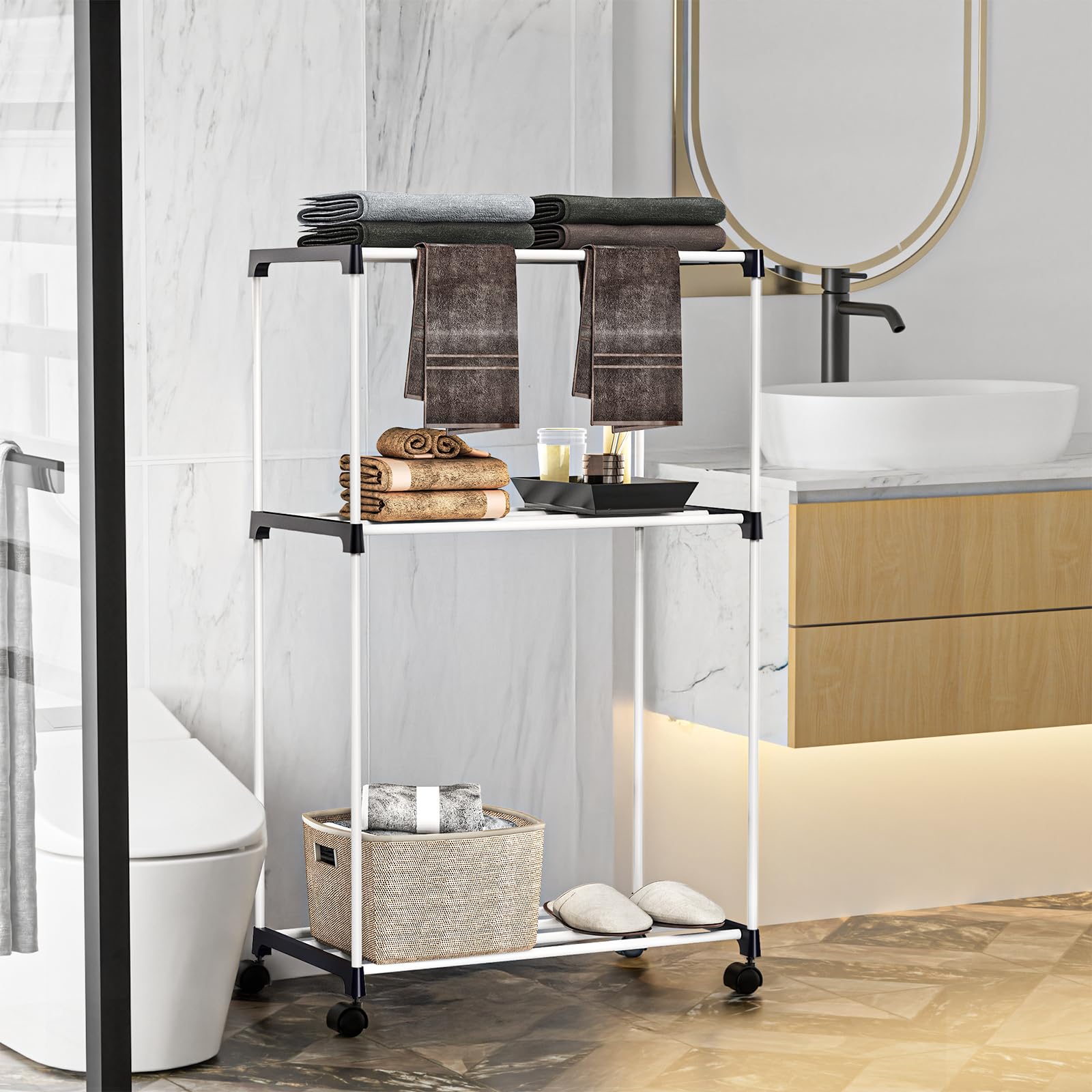 johgee Tendedero pequeño, toallero Independiente, Ahorro de Espacio, Torre con Ruedas, Soporte de Secado de Interior para baños, Apartamentos y lavanderías, 3 Niveles