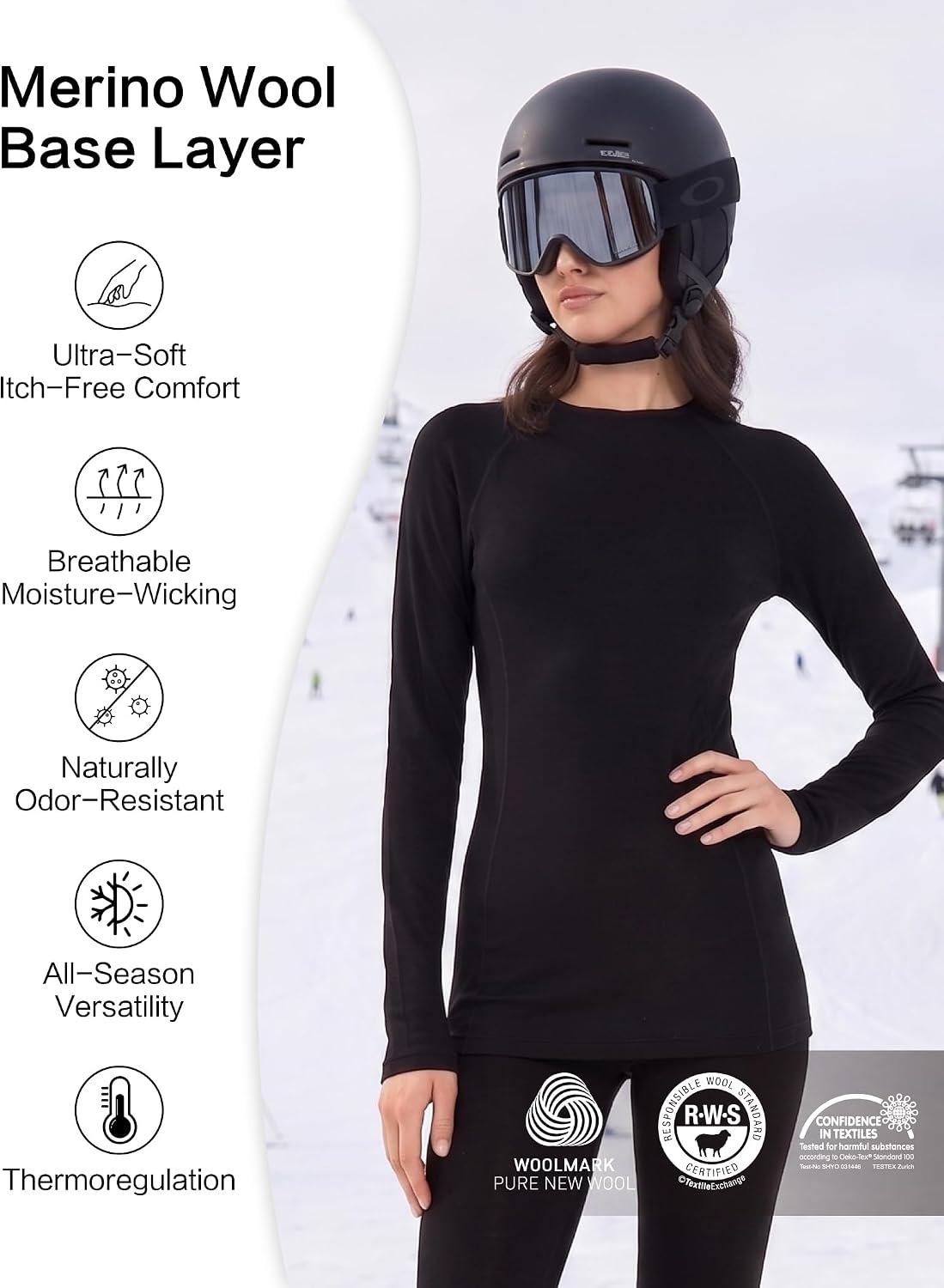 100% Merino Wool Shirt for Women 250gsm Long Sleeve Base Layer Top