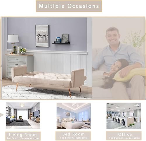 Miniatura 7 de KINFFICT Sofá cama futón de terciopelo con 2 almohadas, sofá cama convertible con respaldo ajustable de 3 ángulos, sofá biplaza moderno con 4 patas
