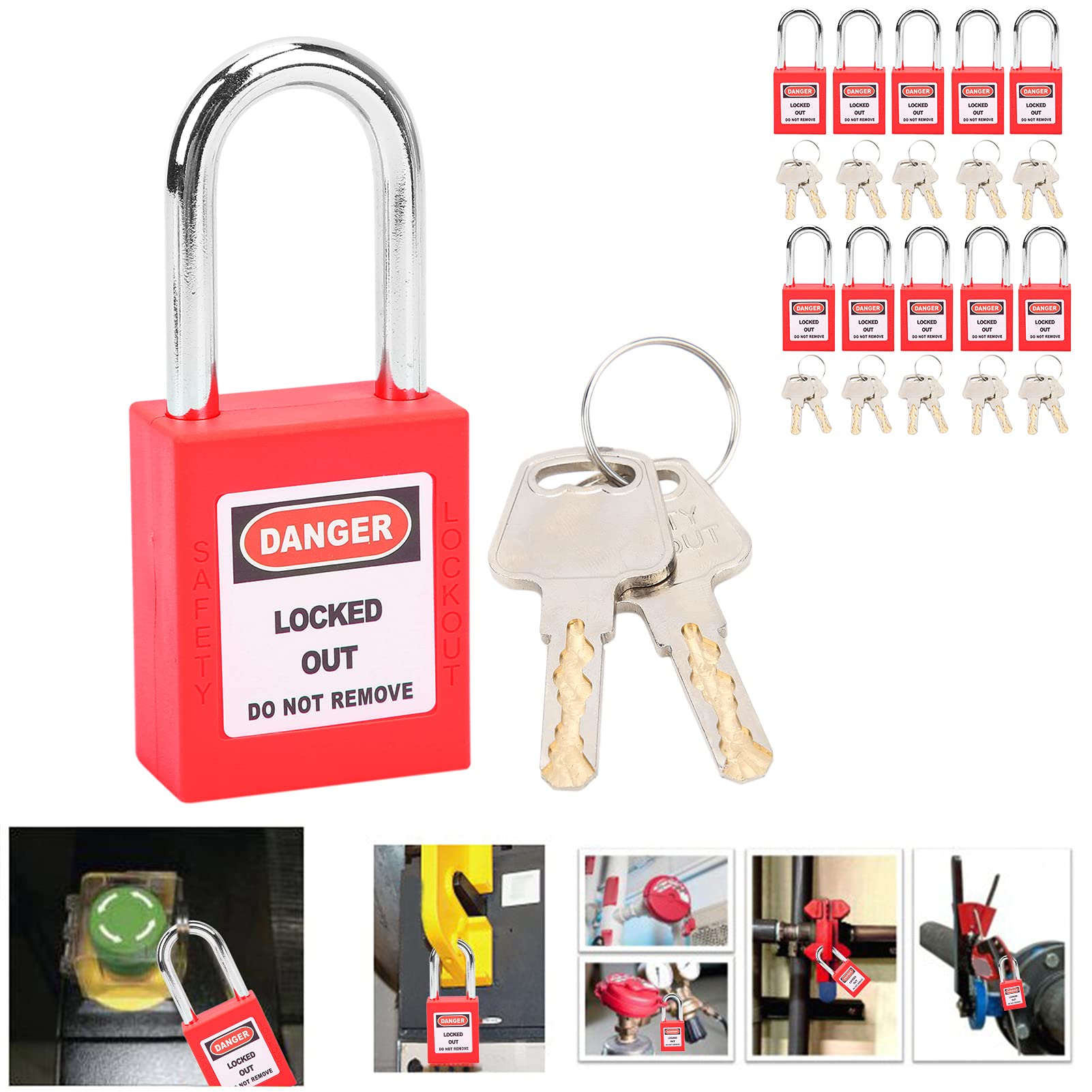 Juego de cerraduras de bloqueo y etiquetado, 10 juegos de candado de seguridad, bloqueo de candado de 38 mm, bloqueo de aislamiento de ingeniería industrial de nailon para (Red)