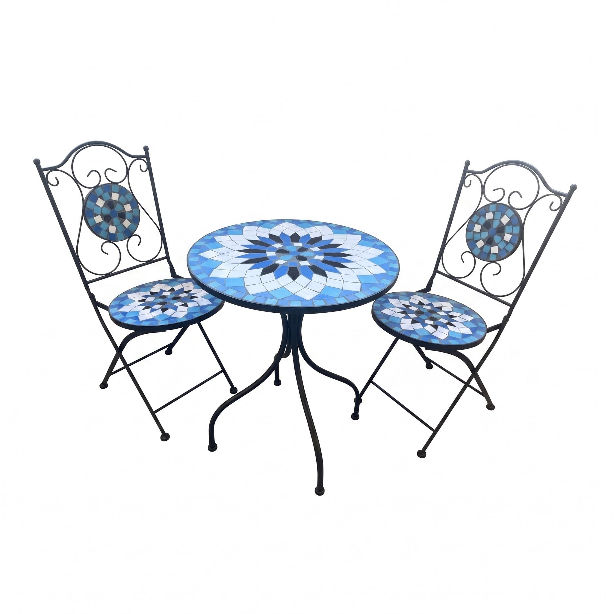 Set Bistro da Esterno Celine, Tavolino Rotondo e 2 Sedie Pieghevoli, Ceramica e Acciaio Verniciato a Polvere, Stile Industriale Retrò