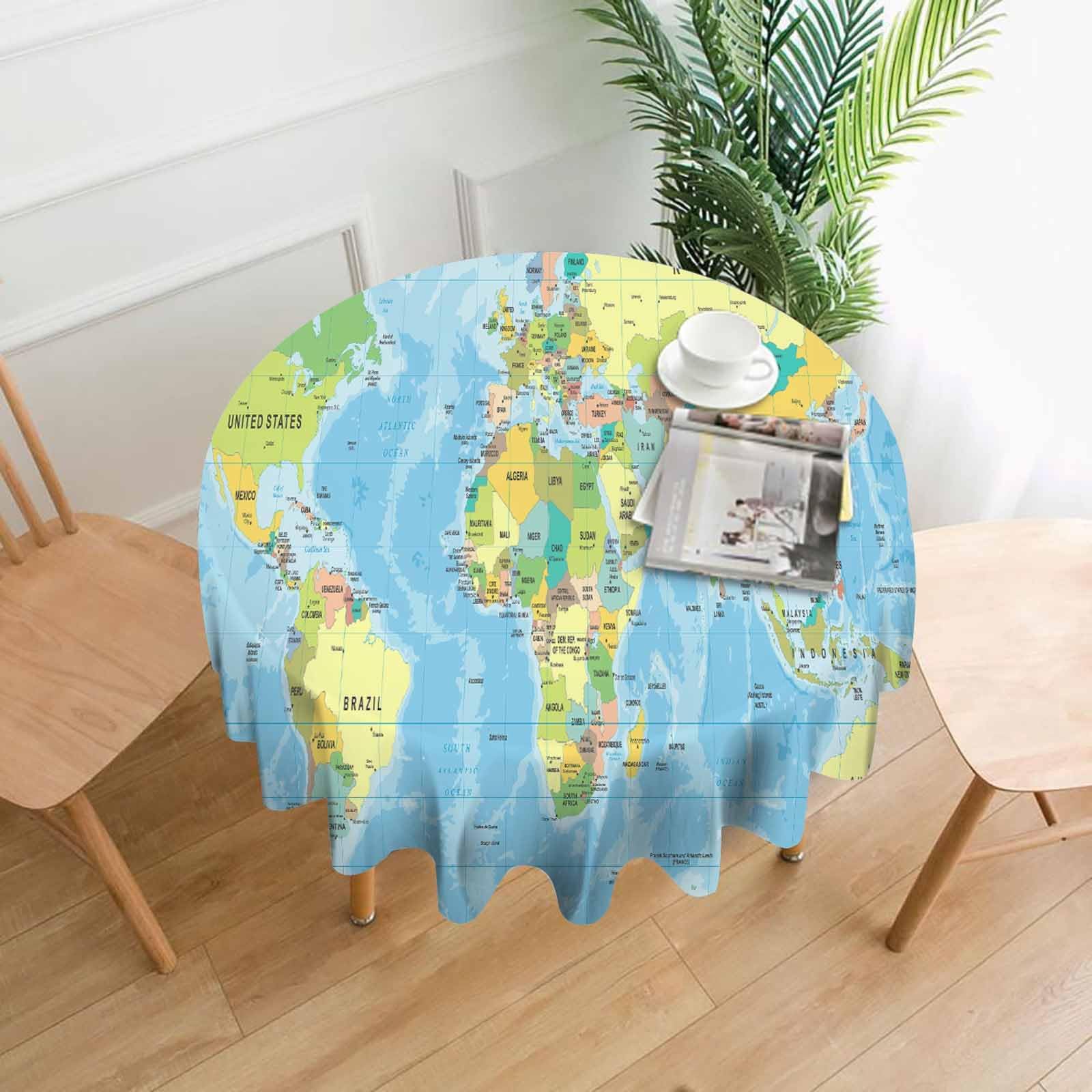 World Map Table Cloth Round 60 Inch Earth World Map with Countries Oceans Lakes,Blue Cover Protector for Table Fitted Home Kitchen Dinner Outdoor Picnic Party Decorations