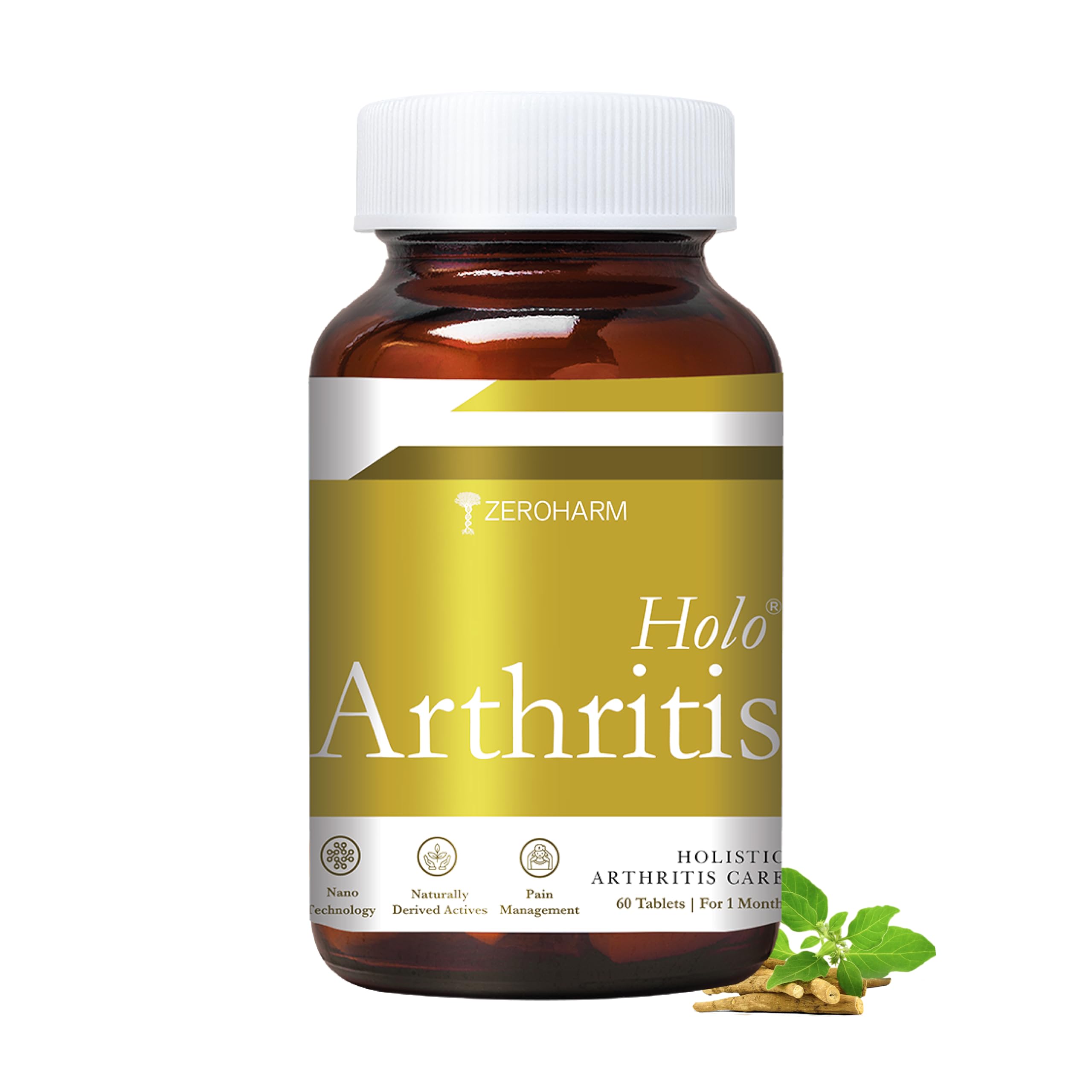 ZEROHARM Holo Arthritis - Enriched with Vitamin D3 and Vitamin K2-7 - Best Knee & Joint Support for Men & Women - Supplements for Knee, Joints & Neck Pain Relief - 100% Absorbed By Body (60 Tablets)